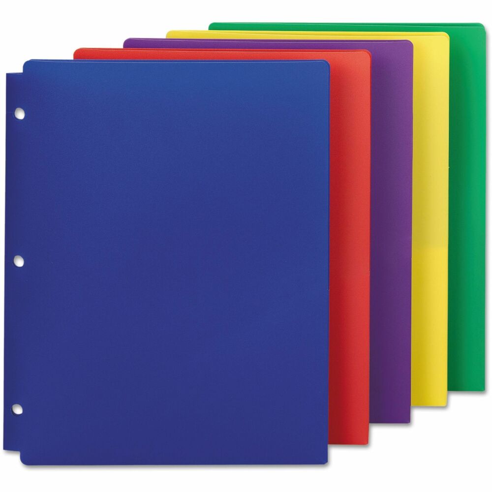 SMD87939 - Poly Snap-In Two-Pocket Folders are perfect for storing school projects and important paperwork. Large pockets safely hold many documents for easy and secure transport. They are three-hole punched with slits to allow easy snap in and out of three-ring binders. Store them anywhere within your binder so you can access your documents without having to open the rings. Each holds up to 25 sheets. Assorted folder colors help color-code by class or project. They include red, purple, yellow, green and dark blue. Durable poly material is tear-resistant and water-resistant.