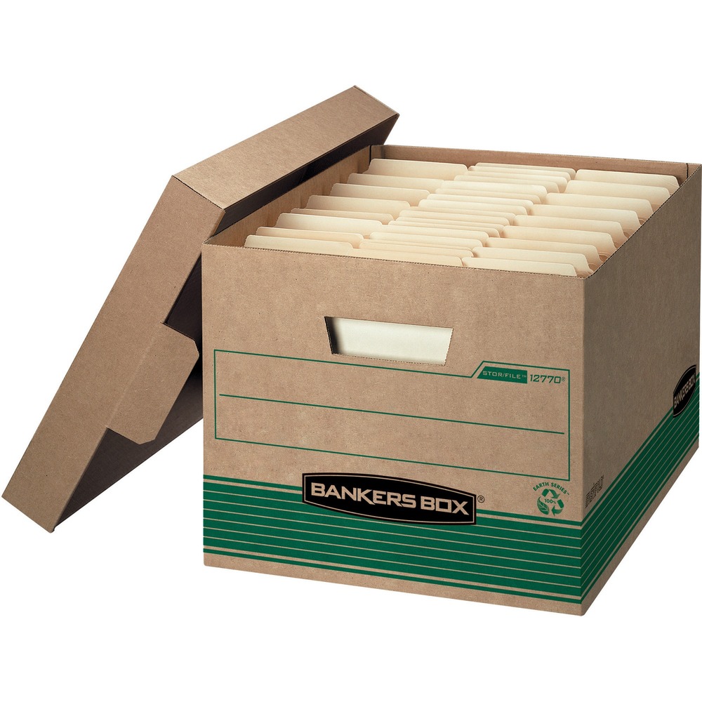 FEL1277008 - Bankers Box Medium-Duty file storage boxes strike the perfect balance between durability and convenience. Designed for moderate stacking and frequent access, these cardboard file boxes with lids are ideal for storing both letter and legal-size folders in active office environments. Reinforced hand holes make lifting and transporting easy, while the sturdy build ensures reliable protection for your documents. Whether you're managing client files, rotating quarterly paperwork, or organizing shared office storage, these boxes offer a professional-grade solution that's built to last. Made with 100% recycled content, they're a smart, eco-conscioen_US choice for ben_USy professionals. Box inside dimensions: 12 x 10 x 15 Inches. More from the Manufacturer
