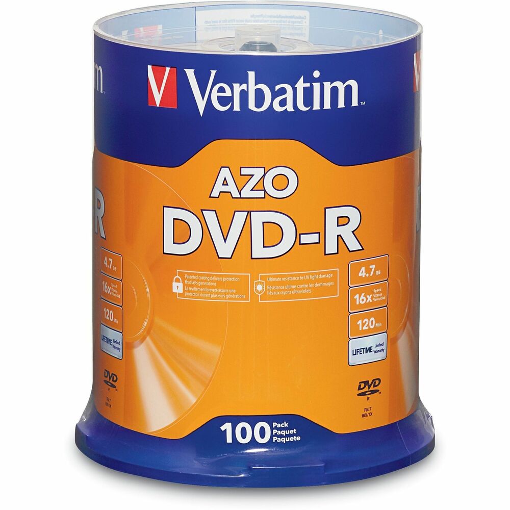 VER95102 - Verbatim DVD-R offer 4.7GB or 120 Minutes of write-once storage capacity, superior recording quality, and compatibility with 1X to 16X DVD-R writers, allowing users to record a complete 4.7GB/120Min disc in approximately 5 minutes. Recognized as the choice of professional users, Verbatim DVD-R offers the optimal AZO recording dye, which provides the highest level of read/write performance, reliability, and archival life. Verbatim 16X DVD-R media is compatible with hardware from most leading drive manufacturers. As with all Verbatim optical products, these discs are backed by a Limited Lifetime Warranty. More from the Manufacturer