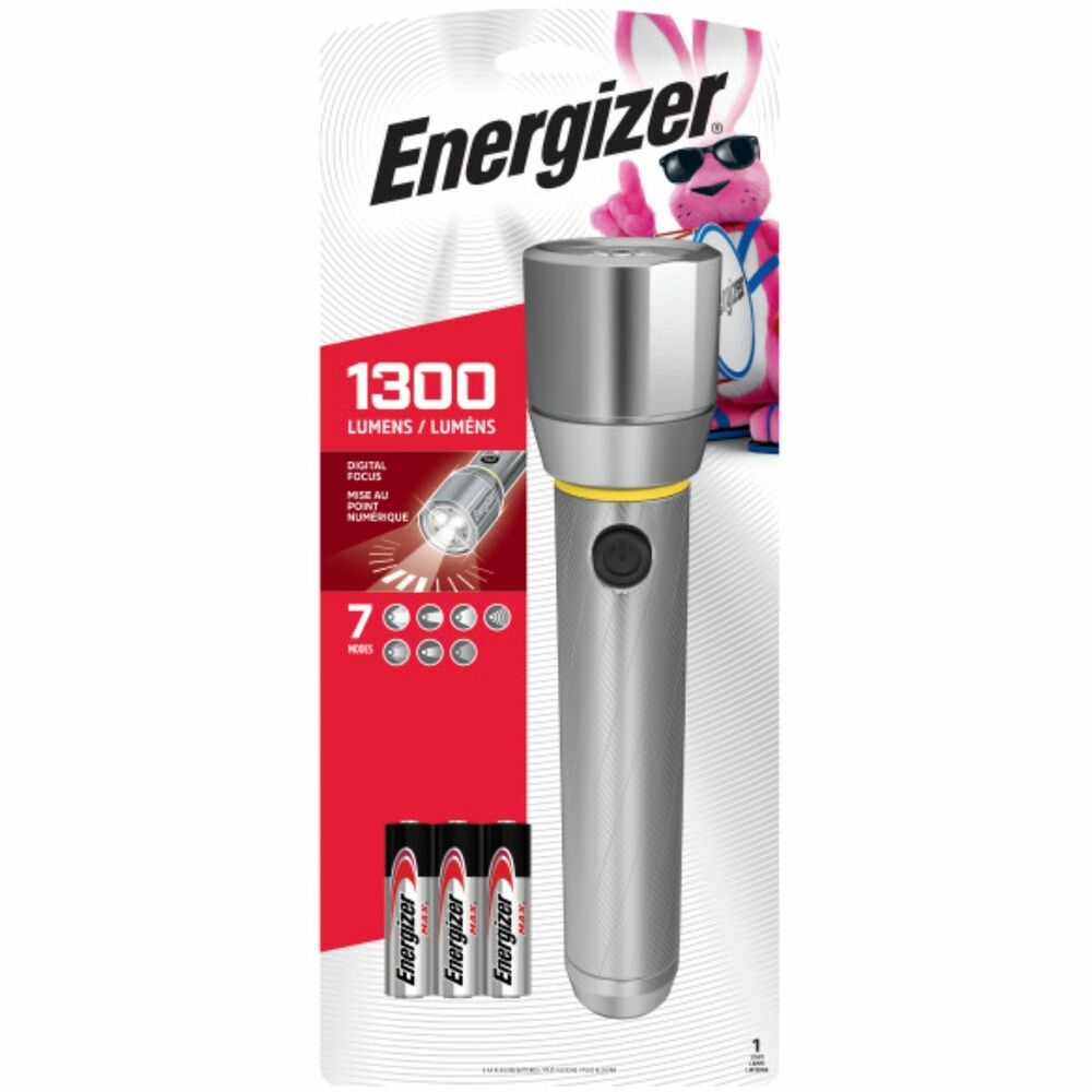 EVEEPMZH61E - VISION HD Focus delivers high-performance innovation with an exceptional light output brightness and hours of runtime. The Energizer patented Digital Focus technology allows you to choose an optimal array of light between focus and area light by simply pressing the light switch. Unique MAXVIZ technology enables you to experience a sharp, high-definition performance with daylight color and wide, uniform light output. A smooth, digital switch provides access to the different settings. Runtime is 4 hours. Beam distance is 230 meters. With an advanced alloy construction and a patented power system to preserve performance, the advanced LED flashlight with 1300 lumens is the ideal solution for outdoor, work or home applications. It runs on six AA batteries.