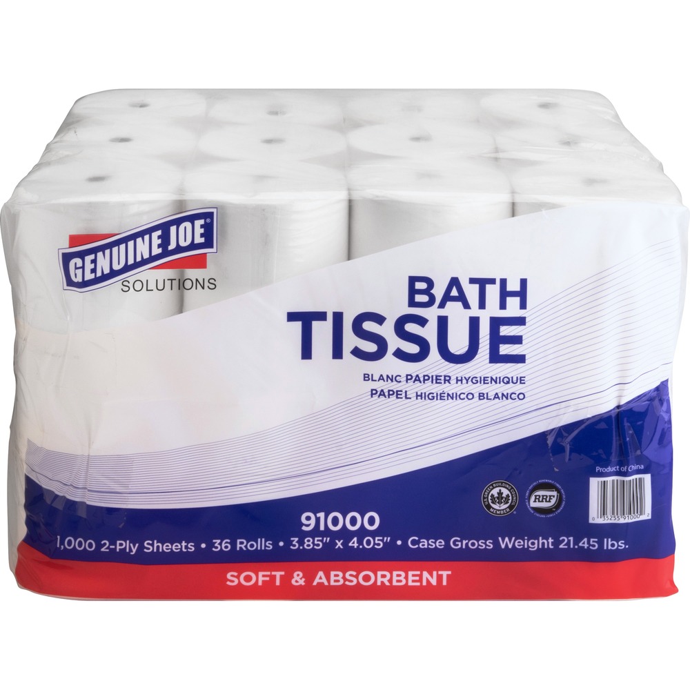 GJO91000PL - Bath tissue is ideal for replacing standard tissue rolls. With 100 percent more tissue on a roll than standard rolls, this bath tissue doubles the capacity and reduces roll replacements. It is made from sustainable, virgin Rapidly Renewable Fiber (RRF) to produce a whiter, brighter, softer and greener product. This two-ply, embossed bath tissue provides an improved sensory hand feel that gives the ultimate at-home look and feel. Use these low-core rolls in Genuine Joe Solutions Bathroom Tissue Dispensers and with standard bathroom tissue roll dispensers with adapter.