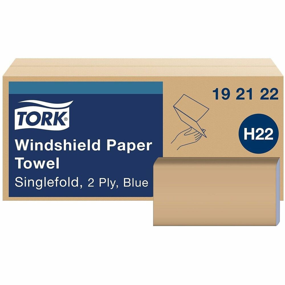 TRK192122 - Tork Windshield Folded Paper Towel Blue H22: Improve workplace cleanliness and efficiency with our Tork windshield paper towels. Suitable for a variety of light wiping tasks, these 2-ply Tork wipers are soft and strong so they're especially suited to cleaning glass. They also help reduce waste in the workplace, as the extra-absorbent 2-ply design means you need fewer towels to get the job done. Improve hygiene in the workplace and your business' sustainability with these disposable towels, which are made of 100% recycled fibers and are also ECOLOGO and NSF certified. Advantages at a glance: + 2 ply + Absorbent + Versatile + ECOLOGO certified + NSF certified + Made from 100% recycled fiber