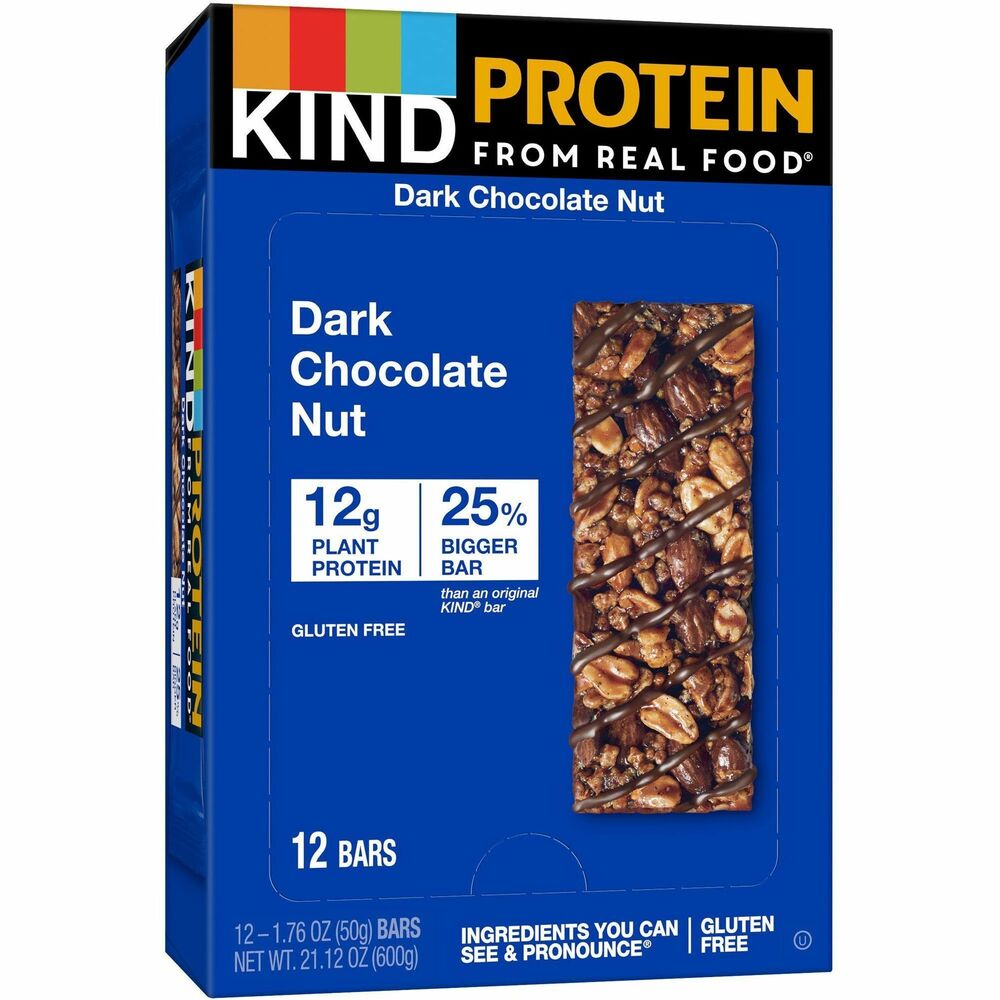 KND26036 - KIND Protein Bars are made with premium whole ingredients; a creamy, crunchy texture; and 12 grams of protein. With rich dark chocolate and crunchy whole nuts, taste and nutrition are packed into one bar that delivers a good source of protein and a good source of fiber. Each Kosher, gluten-free bar has zero grams trans fat, low glycemic index, low sodium and no genetically engineered ingredients. It is also individually wrapped to keep the protein bar fresh and ready for snacking on-the-go.