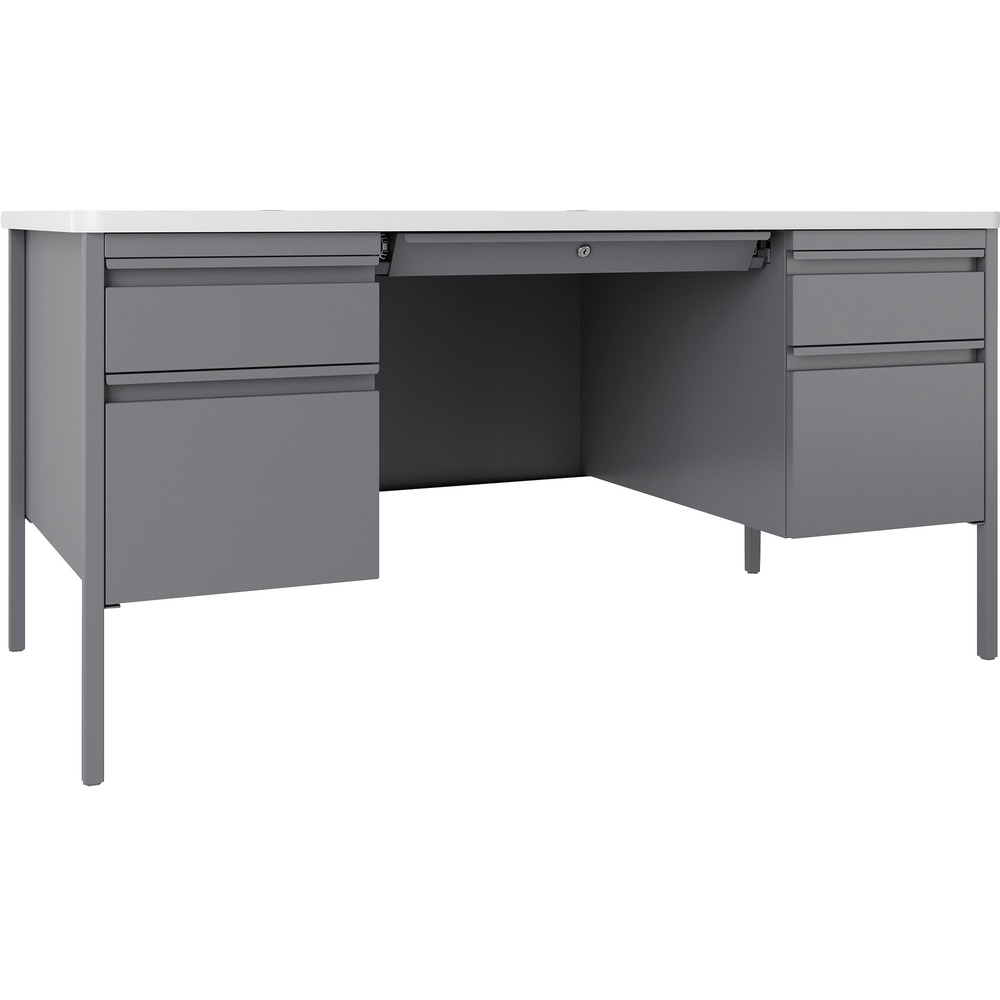 LLR66942 - Double-pedestal desk belongs to the Lorell Fortress Series Teachers Desks that offer a practical and professional desk solution ideal for educational offices and classrooms. Durable, high-quality steel construction in platinum withstands rigorous daily use. The durable top features a T-mold edge to promote safety and high-performance, white laminate surface that is scratch-resistant, stain-resistant and water-resistant. Desk is also equipped a 3/4 modesty panel, locking center drawer and two box/file pedestals with full-extension, ball-bearing slides. Integrated drawer pulls are full-width. Central lock system locks all drawers. Steel construction and laminate top make the desk easy to clean and disinfect. Reinforced, double-frame inner structure keeps desk solid and sturdy for years of use. Steel desking meets or exceeds ANSI/BIFMA standards.