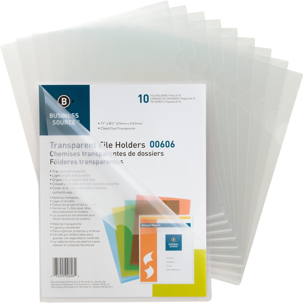 BSN00606 - File holders help organize and protect your documents during travel with a capacity of approximately 20 sheets. Two sides are sealed to keep letter-size documents and files secure. Use the thumb-notched cover to easily access the contents. Polypropylene material is water-resistant and prevents photocopy transfer. Lightweight file holders are transparent for easy identification of contents and offer a 0.185mm thickness.