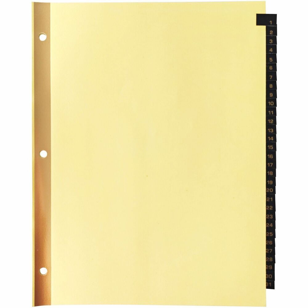 BSN01182 - Index dividers feature black leather tabs with gold imprints. Numerical (or daily) tab indexes range from 1 to 31. Heavy-duty buff ledger paper has a gold-reinforced binding edge for extra strength. Dividers are punched for use in standard three-ring binders.
