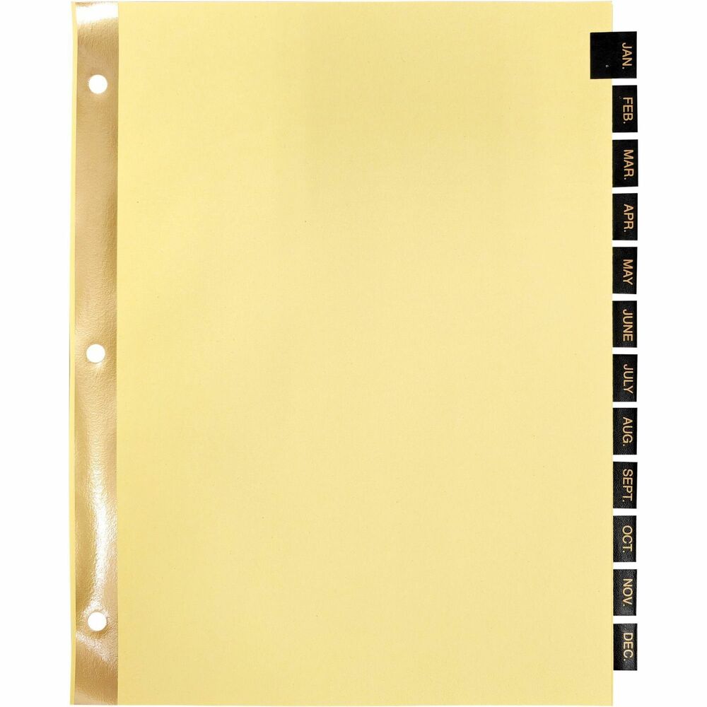 BSN01183 - Index dividers feature black leather tabs with gold imprints. Monthly tab indexes range from January to December. Heavy-duty buff ledger paper has a gold-reinforced binding edge for extra strength. Dividers are punched for use in standard three-ring binders.