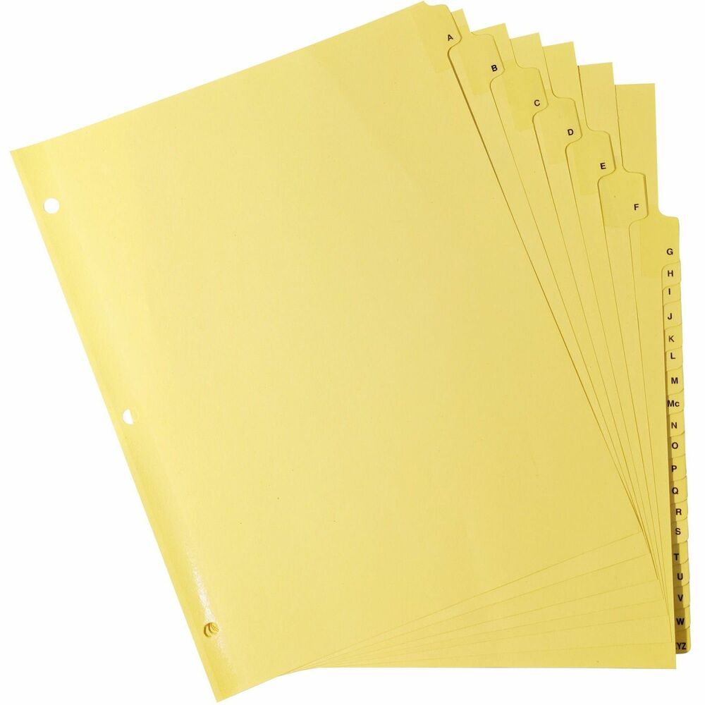 BSN01806 - Indexes feature clear-coated tabs are durable and clearly visible on both sides. Plastic tabs extend 3/8". Heavy-duty paper is reinforced at binding edge. Dividers feature three 9/32" punched holes and buff-colored paper. Lettered tabs range from A to Z.