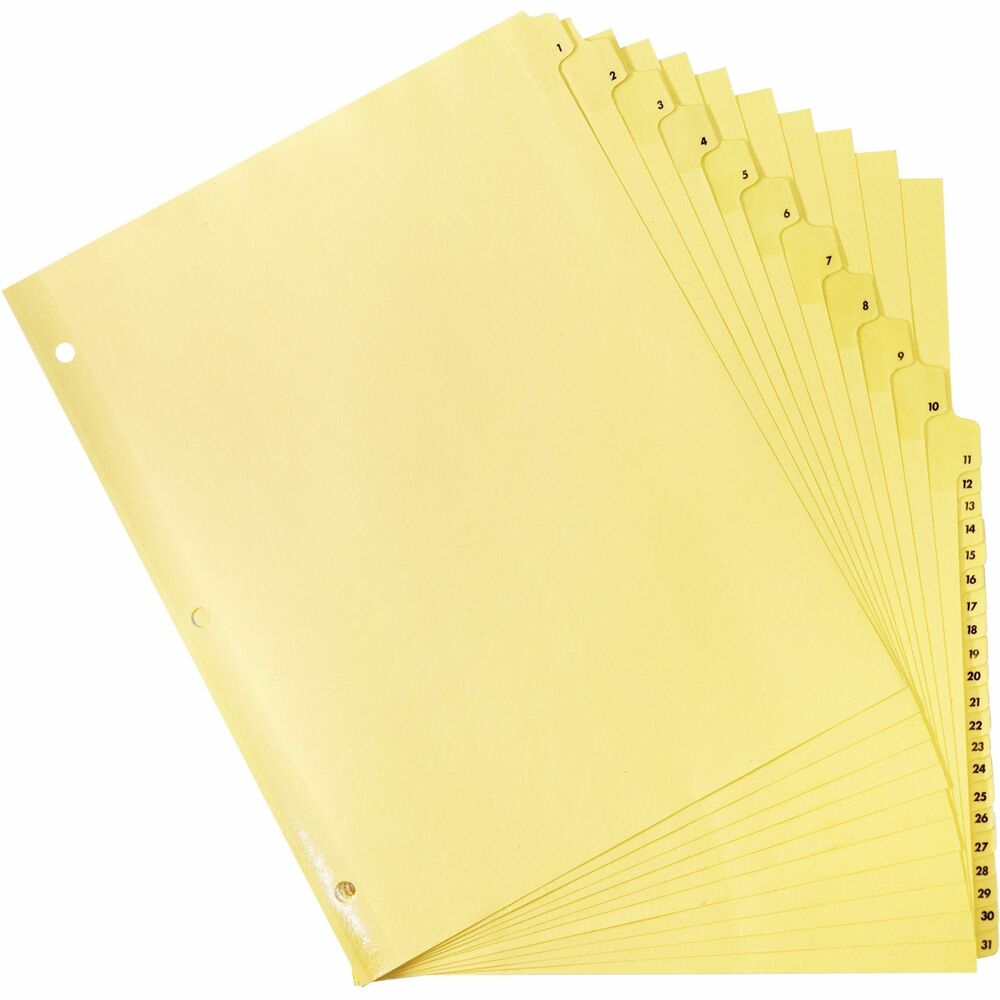 BSN01808 - Use this set of 31 paper index dividers with durable, clear-coated tabs numbered 1 to 31 to organize your flies or add professional appearance to your project. Dividers are made of heavy-duty, buff-colored paper that is reinforced at binding edge and punched with three 9/32" holes to fit in standard, letter-size, three-ring binders. Tabs extend 3/8" and are clearly visible on both sides.