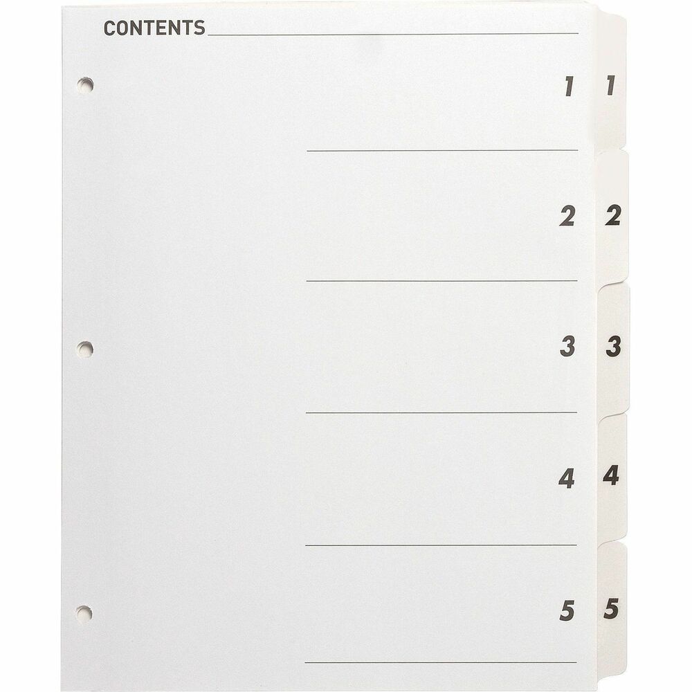 BSN05852 - Make organization quick and easy using a black/white Table of Contents page that coordinates with included dividers with numbered tabs. Key in or type section titles and then print or copy onto the Table of Contents page preprinted with numbers that match the dividers. Edges and white tabs feature Mylar reinforcement to prevent tearing. Three-hole punched edges allow easy, quick placement into standard-size, three-ring binders. Index dividers are compatible with all laser and inkjet printers and include easy-to-follow instructions.
