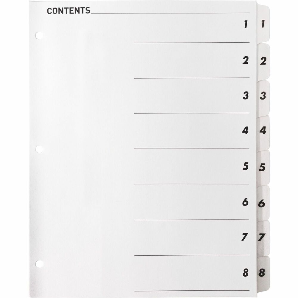 BSN05853 - Make organization quick and easy using a black/white Table of Contents page that coordinates with included dividers with numbered tabs. Key in or type section titles and then print or copy onto the Table of Contents page preprinted with numbers that match the dividers. Edges and white tabs feature Mylar reinforcement to prevent tearing. Three-hole punched edges allow easy, quick placement into standard-size, three-ring binders. Index dividers are compatible with all laser and inkjet printers and include easy-to-follow instructions.