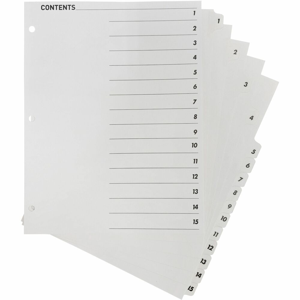 BSN05857 - Make organization quick and easy using a black/white Table of Contents page that coordinates with included dividers with numbered tabs. Key in or type section titles and then print or copy onto the Table of Contents page preprinted with numbers that match the dividers. Edges and white tabs feature Mylar reinforcement to prevent tearing. Three-hole punched edges allow easy, quick placement into standard-size, three-ring binders. Index dividers are compatible with all laser and inkjet printers and include easy-to-follow instructions.