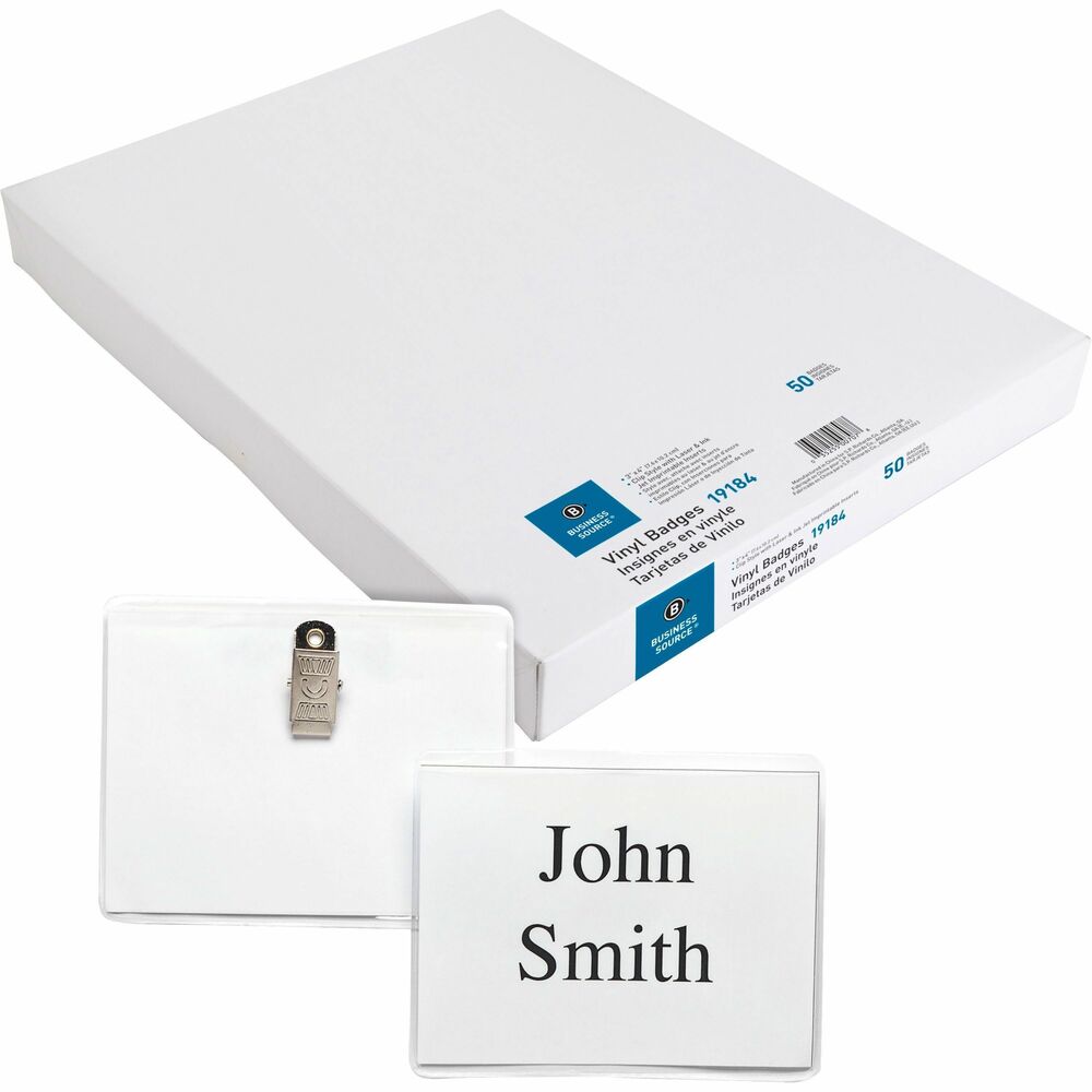 BSN19184 - Make employee name badges quickly and easily. Badge kit includes insert cards and top-loading, clip-style holders. Clip-style holders are sealed on three sides to hold name tags securely. Inserts are compatible with laser and inkjet printers and are 0.15mm thick.