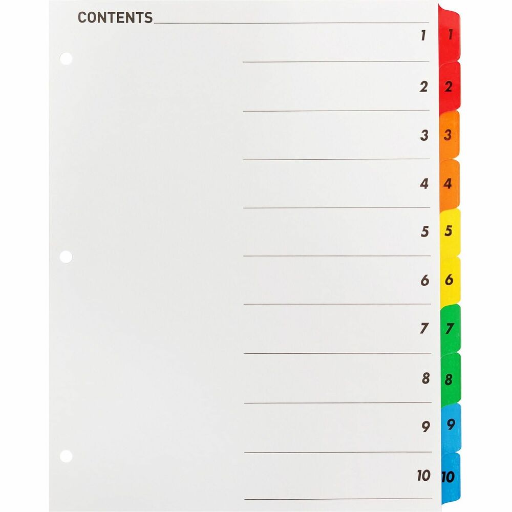 BSN21902 - Make organization quick and easy using a black/white Table of Contents page that coordinates with included dividers that have numbered tabs. Key in or type section titles and then print or copy onto the Table of Contents page preprinted with numbers that match the dividers. Edges and brightly colored tabs feature Mylar reinforcement to prevent tearing. Three-hole punched edges allow easy, quick placement into standard-size, three-ring binders. Index dividers are compatible with all laser and inkjet printers and include easy-to-follow instructions.
