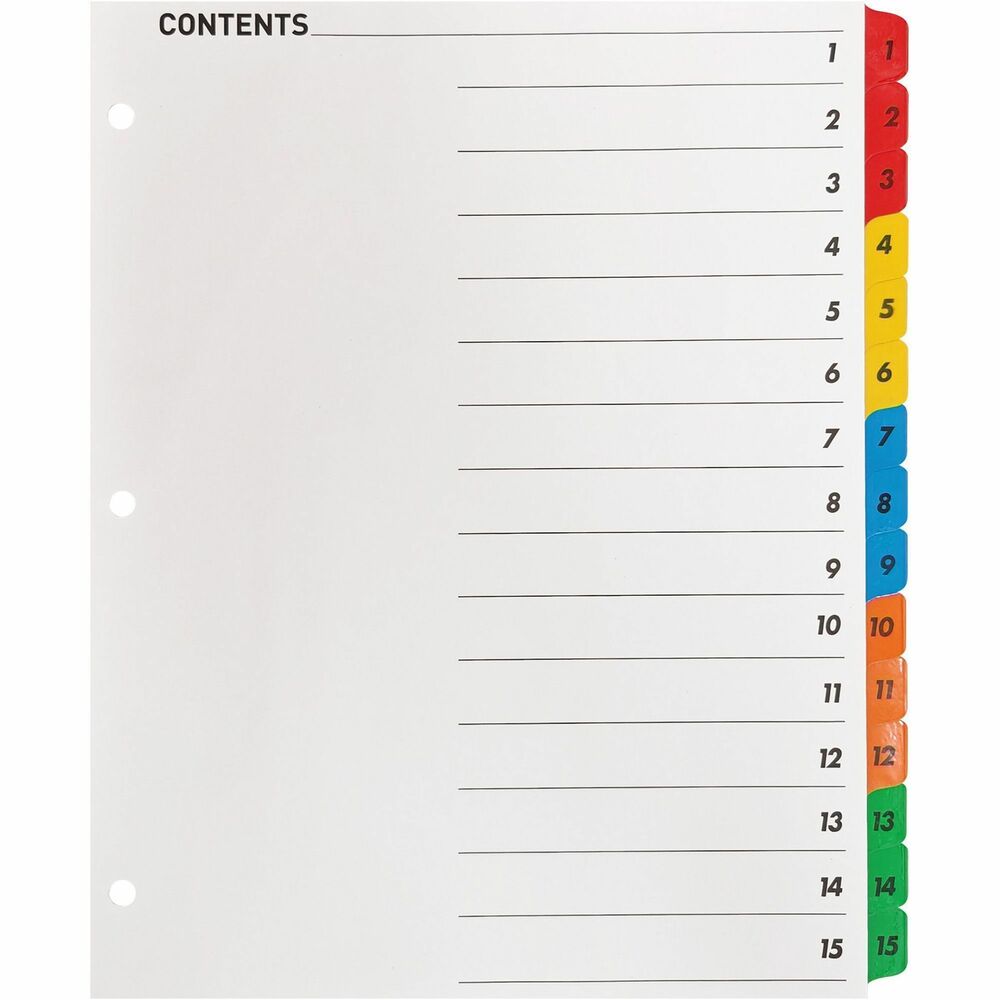 BSN21904 - Make organization quick and easy using a black/white Table of Contents page that coordinates with included dividers that have numbered tabs. Key in or type section titles and then print or copy onto the Table of Contents page preprinted with numbers that match the dividers. Edges and brightly colored tabs feature Mylar reinforcement to prevent tearing. Three-hole punched edges allow easy, quick placement into standard-size, three-ring binders. Index dividers are compatible with all laser and inkjet printers and include easy-to-follow instructions.
