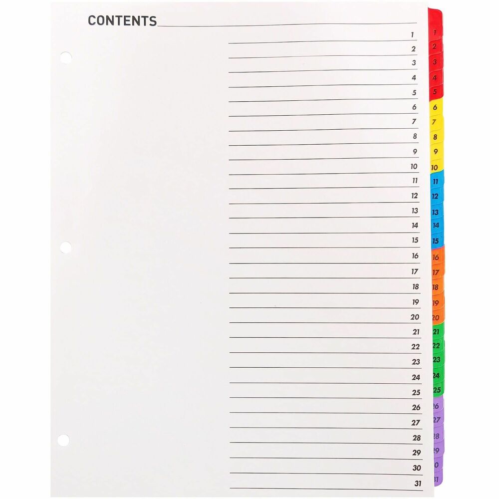 BSN21907 - Make organization quick and easy using a black/white Table of Contents page that coordinates with included dividers that have numbered tabs. Key in or type section titles and then print or copy onto the Table of Contents page preprinted with numbers that match the dividers. Edges and brightly colored tabs feature Mylar reinforcement to prevent tearing. Three-hole punched edges allow easy, quick placement into standard-size, three-ring binders. Index dividers are compatible with all laser and inkjet printers and include easy-to-follow instructions.