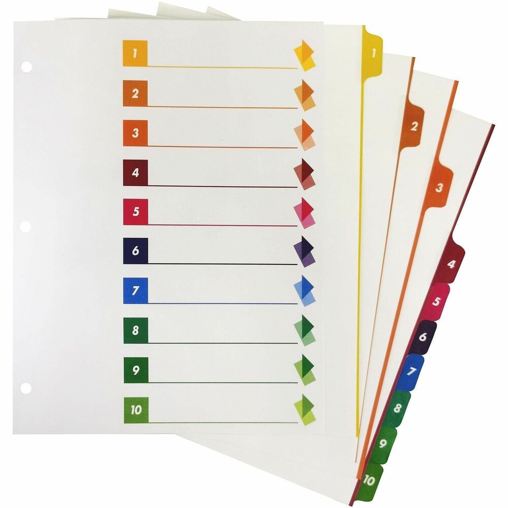 BSN21910 - Make organization quick and easy using a colorful Table of Contents page that coordinates with included dividers that have numbered tabs. Key in or type section titles and then print or copy onto the Table of Contents page preprinted with numbers that match the dividers. Edges and brightly colored tabs feature Mylar reinforcement to prevent tearing. Three-hole punched edges allow easy and quick placement into standard-size, three-ring binders. Index dividers are compatible with all laser and inkjet printers and include easy-to-follow instructions.