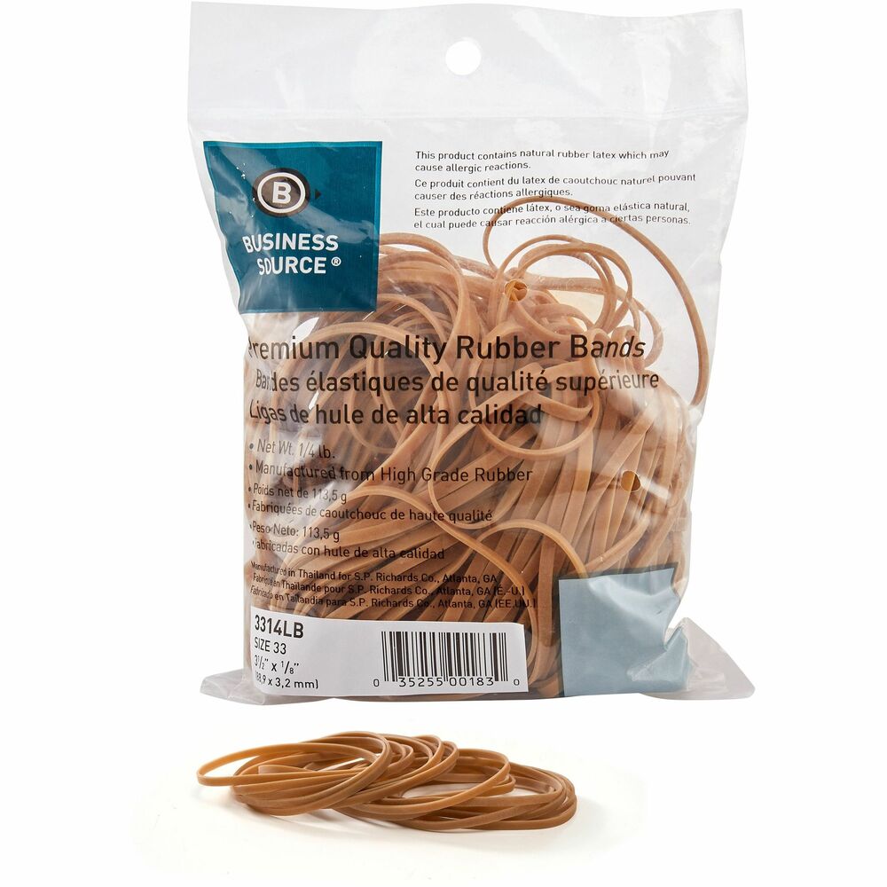 Business Source Rubber Bands - Size: #33 - 3.5" Length x 125 mil Thickness - Natural - 1 Pack