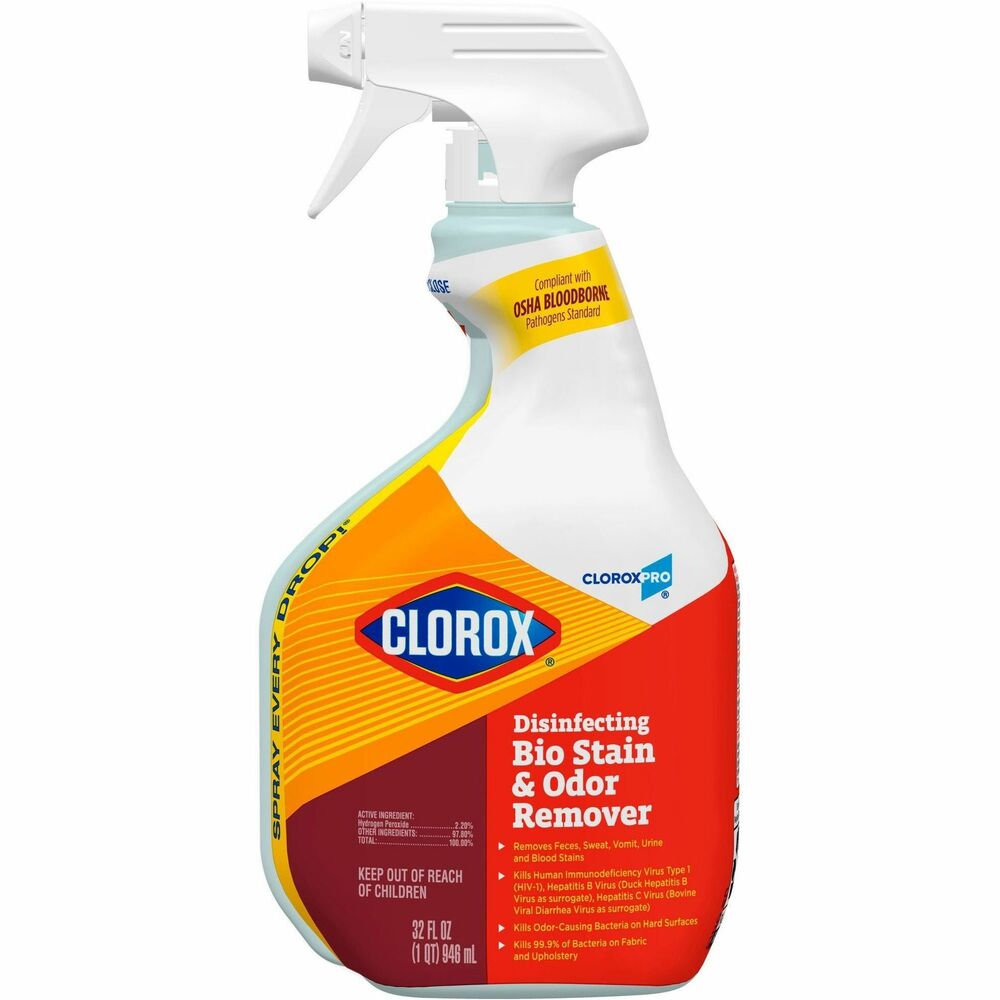 CLO31903 - CloroxPro Disinfecting Bio Stain and Odor Remover disinfects and removes the toughest odors and stains in one step. This bleach-free, stain and odor remover uses hydrogen peroxide technology to kill HIV, herpes and flu virus in 30 seconds, kills hepatitis B and hepatitis C in 1 minute, and kills norovirus, E. coli, Salmonella and MRSA in 5 minutes. It meets EPA criteria for use against SARS-CoV-2, the virus that causes COVID-19. Compliant with OSHA Bloodborne pathogens standard, this stain and odor remover works on stains from blood, feces, vomit, sweat, saliva and urine. Versatile disinfectant can be used to clean many different hard and soft surfaces such as walls, tile, grout, concrete, carpet, fabrics, upholstery, toilets, countertops and mattresses, and it can even be used as a pre-treatment for laundry. It is ideal for hotels, daycare centers, schools, offices, restaurants and other commercial facilities. Packaging may vary.
