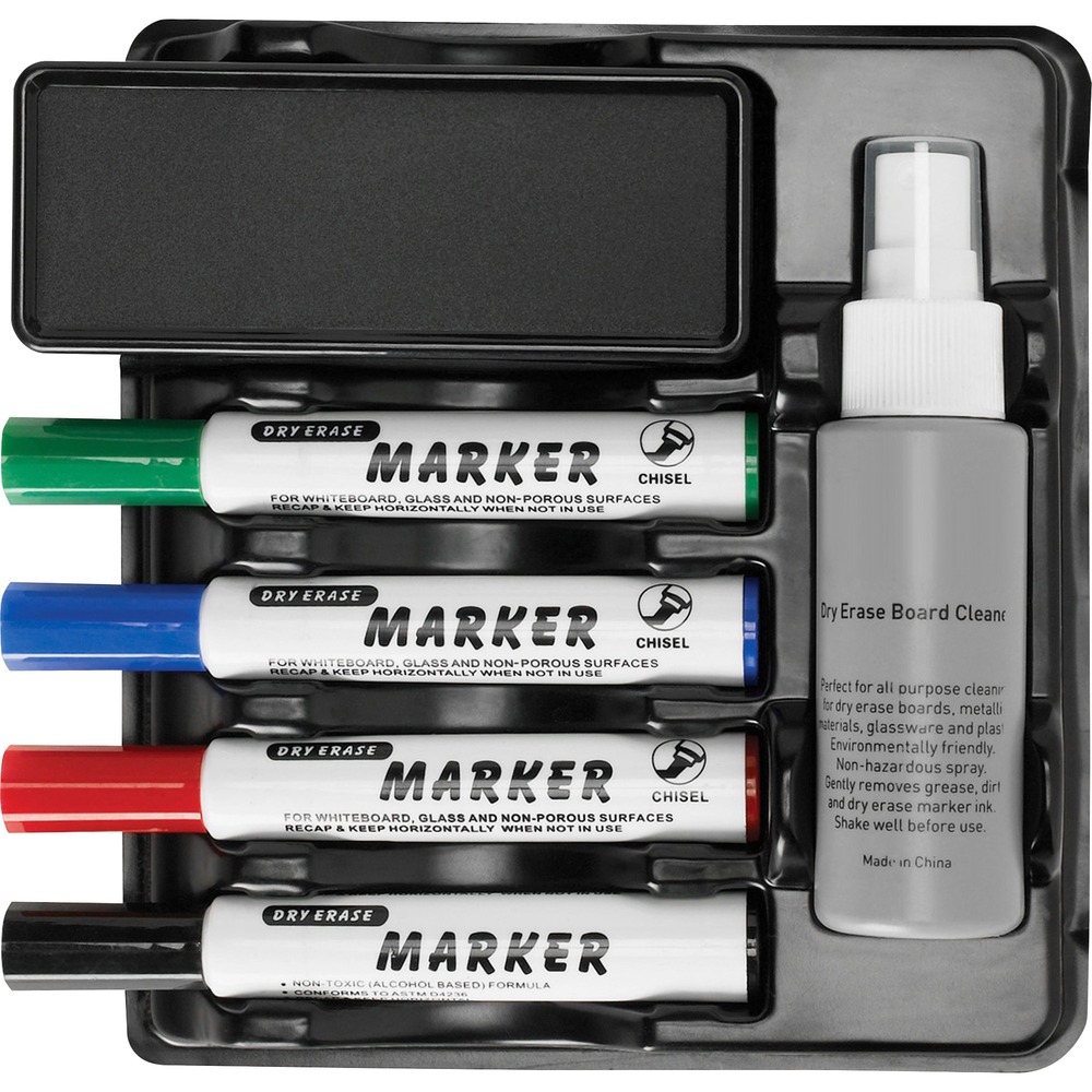 LLR75628 - Marker and Eraser Caddy Kit accessorizes your dry-erase communication center. It includes four markers, one cleaner and one eraser in a black holder base. Easily mount with the included double-sided tape and magnetic strips.
