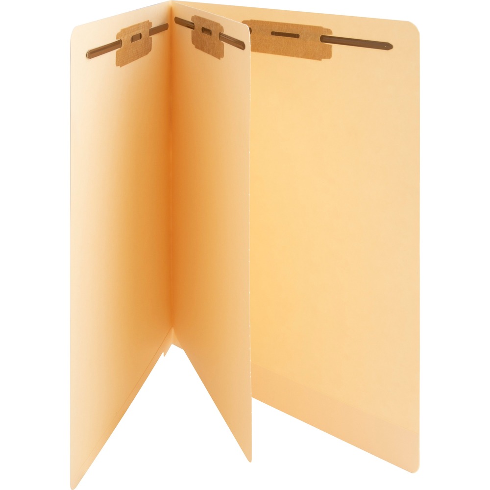 BSN00200 - Classification folders with end tabs are an excellent solution to subdivide papers and make it easy to keep paperwork in sequential order for frequent reference. The addition of a pre-installed divider with 2" fasteners in positions 1 and 3 lets you store information under four separate filing surfaces. Folders are also scored for 3/4" expansion and made of durable 11 point manila stock.