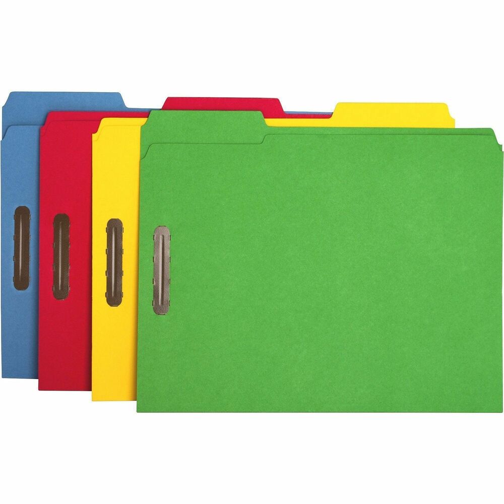 BSN17571 - Fastener folders keep documents secure and in order. Bright colors allow quick file identification and retrieval. Two 2" embedded fasteners in positions No. 1 and 3 provide two separate filing surfaces on each folder. File folder holds up to 3/4" of letter-size documents and is made of sturdy 11 point stock. Two-ply tabs in 1/3-cut assorted positions are reinforced for extra durability. Assorted colors include blue, green, yellow and red.