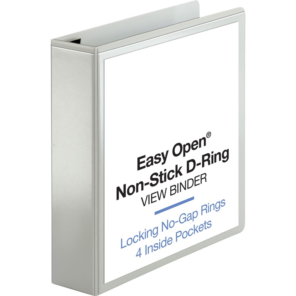 BSN26959 - Locking D-Ring View Binder features no-pinch rings that open, close and lock with one touch. D-ring design holds more sheets than standard round-ring binders. Locking steel rings are mounted to the back instead of the spine so pages lie flat. 2" ring capacity holds approximately 500 sheets. Clear, nonglare overlay holds custom title sheets. Acid-free polypropylene construction prevents contents from sticking to the binder cover. Four horizontal pockets are stacked inside front and back covers to maximize storage space on the covers. Each pocket holds 30 sheets. Binder also features exposed rivets and a sturdy chipboard core.