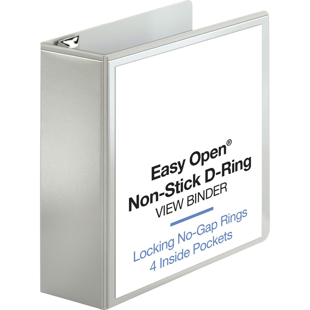 BSN26963 - Locking D-Ring View Binder features no-pinch rings that open, close and lock with one touch. D-ring design holds more sheets than standard round-ring binders. Locking steel rings are mounted to the back instead of the spine so pages lie flat. 4" ring capacity holds approximately 775 sheets. Clear, nonglare overlay holds custom title sheets. Acid-free polypropylene construction prevents contents from sticking to the binder cover. Four horizontal pockets are stacked inside front and back covers to maximize storage space on the covers. Each pocket holds 30 sheets. Binder also features exposed rivets and a sturdy chipboard core.
