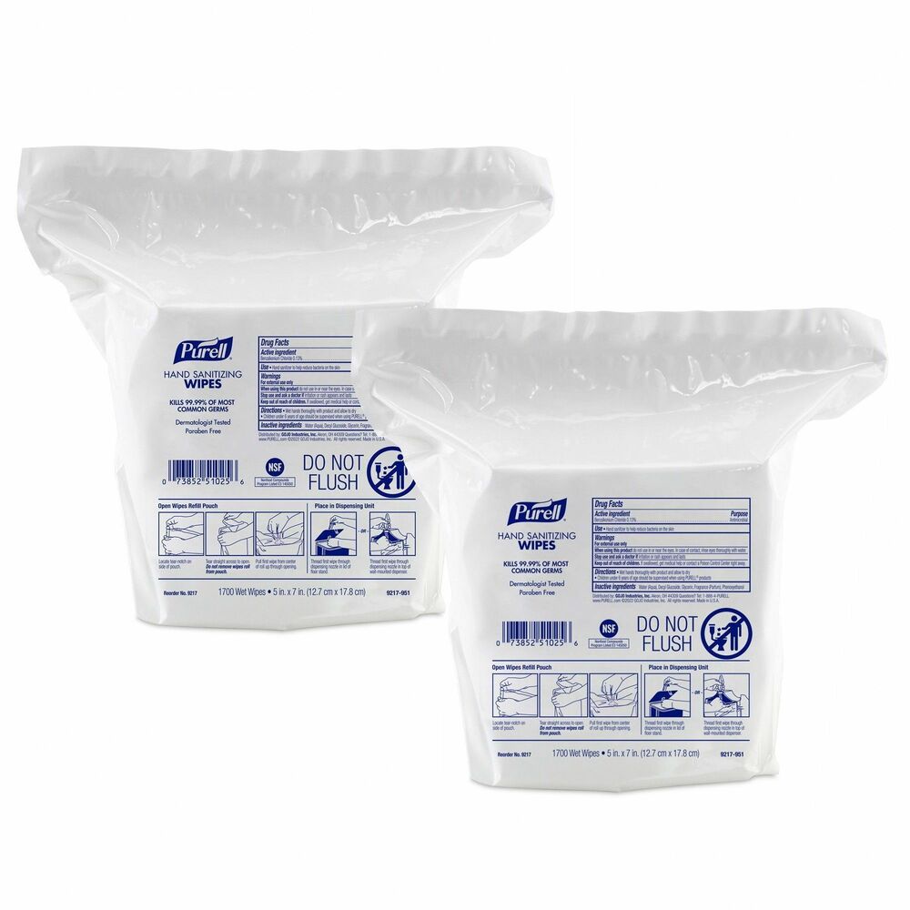 GOJ921702 - High-capacity refill for dispensers is ideal for all high-traffic locations. Nonlinting, durable wipes have all of the germ-killing benefits of PURELL Hand Sanitizer. They are textured for superior cleaning and kill 99.99 percent of most common germs that may cause illness. Ideal for grocery stores, restaurants, offices, health clubs and food processors, use in PURELL Hand Sanitizing Wipes Stainless Steel Stand Dispensers, High-Capacity Floor Stand Dispensers and Wall Dispensers. Wipes meet guidelines for use in food-processing facilities and are listed with NSF International. They are tested for surface compatibility. Wipes won't harm vinyl, plastic, metal or rubber.