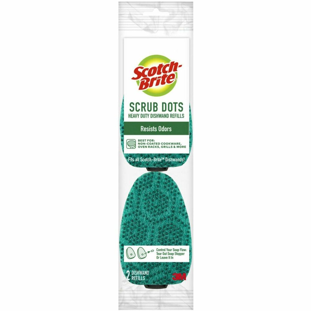 MMM48827 - Heavy-duty refill for Scotch-Brite Scrub Dots Dishwand features innovative Scotch-Brite Scrub Dots to help you power through the toughest messes without trapping food. Eliminate the toughest, baked-on messes with a scrub sponge that scrubs fast and stays clean. Scrub dots cut through messes and rinse clean. Even eggs and cheese won't stick. Fill up the dishwand (not included) with your favorite dish soap and effortlessly wipe away grease and grime. Thanks to the teardrop shape and scouring pad, you can get into all the corners, nooks and crannies. The scrubbing-head refills are easy to replace.