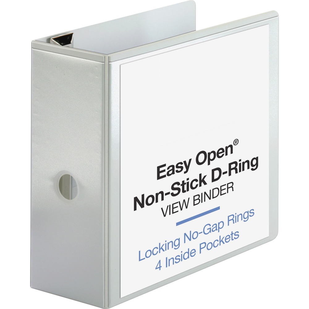 BSN26965 - Locking D-Ring View Binder features no-pinch rings that open, close and lock with one touch. D-ring design holds more sheets than standard round-ring binders. Locking steel rings are mounted to the back instead of the spine so pages lie flat. 5" ring capacity holds approximately 925 sheets. Clear, nonglare overlay holds custom title sheets. Acid-free polypropylene construction prevents contents from sticking to the binder cover. Four horizontal pockets are stacked inside front and back covers to maximize storage space on the covers. Each pocket holds 30 sheets. Binder also features exposed rivets and a sturdy chipboard core.