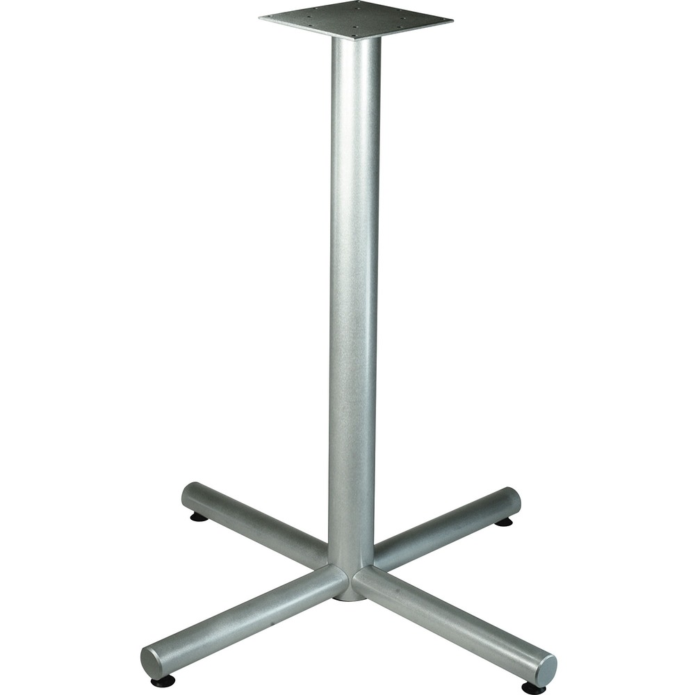 LLR34432 - Bistro-height, X-leg table base is a part of Lorell Hospitality Table Collection for convenient breakroom furnishings. X-leg base mounts onto 42" round or square tabletops with predrilled holes on the underside of the Lorell tops for quick setup of your breakroom. The base spread is 36". Connecting hardware is included. Silver metallic base is made of 14-gauge tubular steel with welded construction for durability. Stabilizing feet at the ends also protect your floors. Tops and bases are ordered separately.