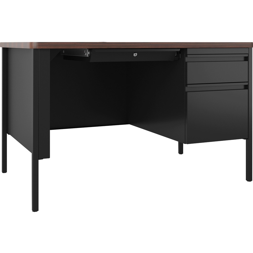 LLR66939 - Single-pedestal desk belongs to the Lorell Fortress Series Teachers Desks that offer a practical and professional desk solution ideal for educational offices and classrooms. Durable, high-quality steel construction in black withstands rigorous daily use. The durable top features a T-mold edge to promote safety and high-performance, Classic Walnut laminate surface that is scratch-resistant, stain-resistant and water-resistant. Desk is also equipped a 3/4 modesty panel, locking center drawer and box/file pedestal on the right with full-extension, ball-bearing slides. Integrated drawer pulls are full-width. Central lock system locks all drawers. Steel construction and laminate top make the desk easy to clean and disinfect. Reinforced, double-frame inner structure keeps desk solid and sturdy for years of use. Steel desking meets or exceeds ANSI/BIFMA standards.