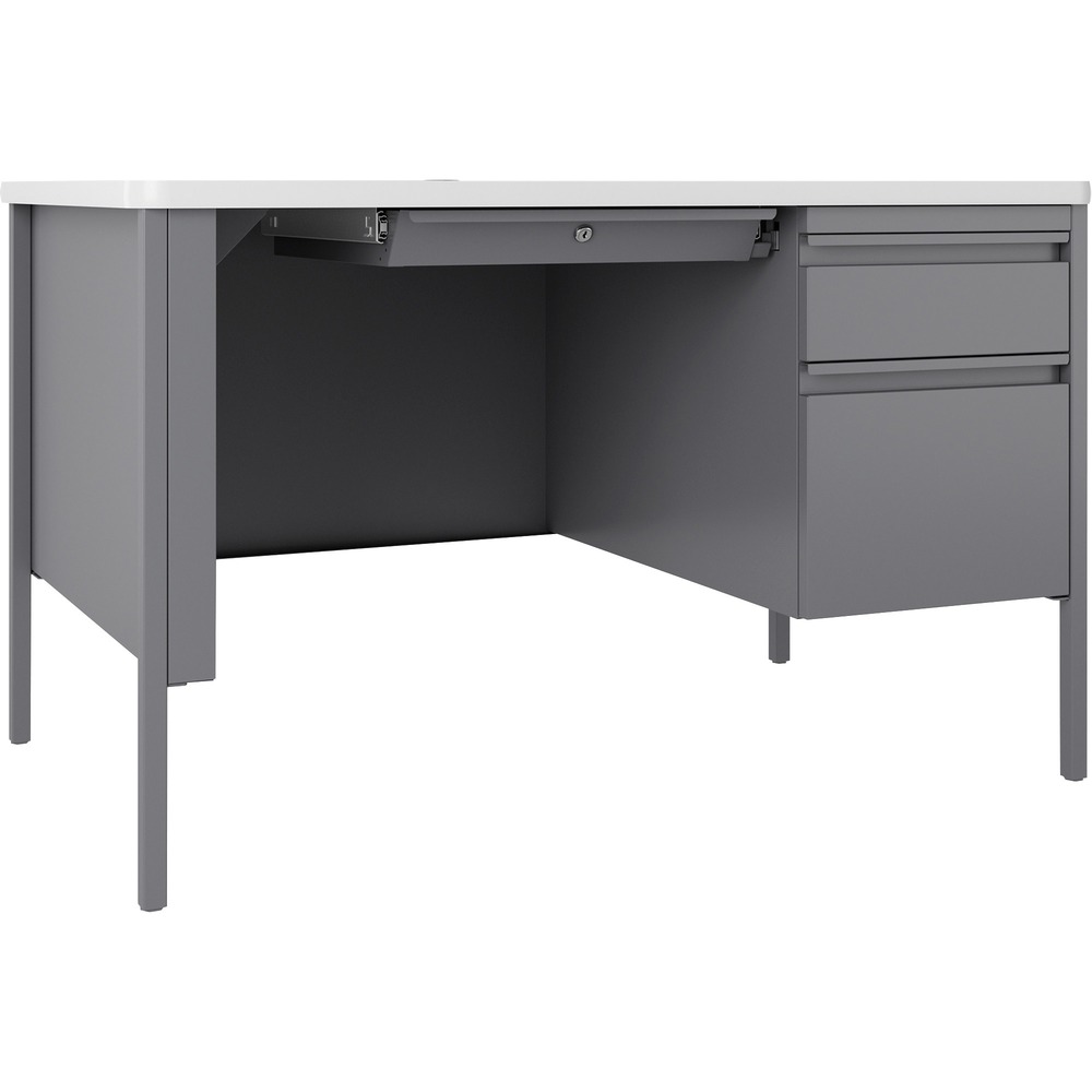 LLR66940 - Single-pedestal desk belongs to the Lorell Fortress Series Teachers Desks that offer a practical and professional desk solution ideal for educational offices and classrooms. Durable, high-quality, platinum steel construction withstands rigorous daily use. Durable top features a T-mold edge to promote safety and high-performance, white laminate surface that is scratch-resistant, stain-resistant and water-resistant. Desk is also equipped a 3/4 modesty panel, locking center drawer and box/file pedestal on the right with full-extension, ball-bearing slides. Integrated drawer pulls are full-width. Central lock system locks all drawers. Steel construction and laminate top make the desk easy to clean and disinfect. Reinforced, double-frame inner structure keeps desk solid and sturdy for years of use. Steel desking meets or exceeds ANSI/BIFMA standards.
