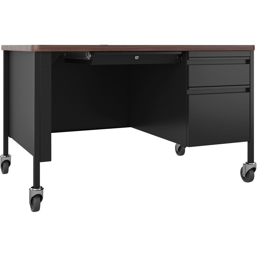 LLR66943 - Single-pedestal desk belongs to the Lorell Fortress Series Teachers Desks that offer a practical and professional desk solution ideal for educational offices and classrooms. Durable, high-quality steel construction in black withstands rigorous daily use. The durable top features a T-mold edge to promote safety and high-performance, Classic Walnut laminate surface that is scratch-resistant, stain-resistant and water-resistant. Mobile desk is also equipped a 3/4 modesty panel, locking center drawer and box/file pedestal on the right with full-extension, ball-bearing slides. Integrated drawer pulls are full-width. Central lock system locks all drawers. Desk also features two locking casters and two nonlocking casters. Steel construction and laminate top make the desk easy to clean and disinfect. Reinforced, double-frame inner structure keeps desk solid and sturdy for years of use. Steel desking meets or exceeds ANSI/BIFMA standards.