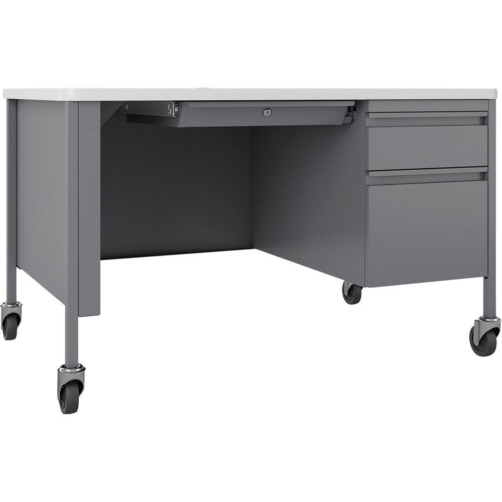 LLR66944 - Single-pedestal desk belongs to the Lorell Fortress Series Teachers Desks that offer a practical and professional desk solution ideal for educational offices and classrooms. Durable, high-quality steel construction in platinum withstands rigorous daily use. The durable top features a T-mold edge to promote safety and high-performance, white laminate surface that is scratch-resistant, stain-resistant and water-resistant. Mobile desk is also equipped a 3/4 modesty panel, locking center drawer and box/file pedestal on the right with full-extension, ball-bearing slides. Integrated drawer pulls are full-width. Central lock system locks all drawers. Desk also features two locking casters and two nonlocking casters. Steel construction and laminate top make the desk easy to clean and disinfect. Reinforced, double-frame inner structure keeps desk solid and sturdy for years of use. Steel desking meets or exceeds ANSI/BIFMA standards.