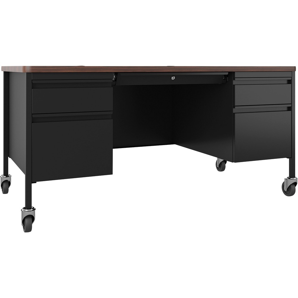 LLR66945 - Mobile double-pedestal desk belongs to the Lorell Fortress Series Teachers Desks that offer a practical and professional desk solution ideal for educational offices and classrooms. Durable, high-quality steel construction in black withstands rigorous daily use. The durable top features a T-mold edge to promote safety and high-performance, Classic Walnut laminate surface that is scratch-resistant, stain-resistant and water-resistant. Mobile desk is also equipped a 3/4 modesty panel, locking center drawer and two box/file pedestals with full-extension, ball-bearing slides. Integrated drawer pulls are full-width. Central lock system locks all drawers. Desk also features two locking casters and two nonlocking casters. Steel construction and laminate top make the desk easy to clean and disinfect. Reinforced, double-frame inner structure keeps desk solid and sturdy for years of use. Steel desking meets or exceeds ANSI/BIFMA standards.