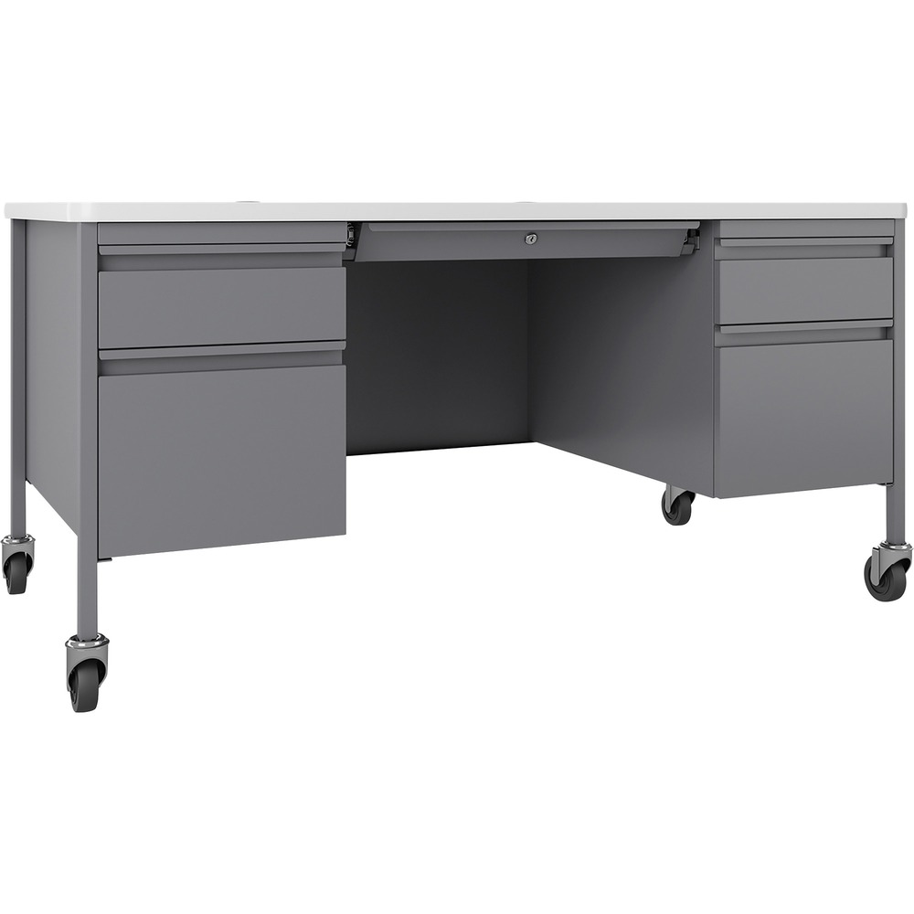 LLR66946 - Mobile double-pedestal desk belongs to the Lorell Fortress Series Teachers Desks that offer a practical and professional desk solution ideal for educational offices and classrooms. Durable, high-quality steel construction in platinum withstands rigorous daily use. The durable top features a T-mold edge to promote safety and high-performance, white laminate surface that is scratch-resistant, stain-resistant and water-resistant. Mobile desk is also equipped a 3/4 modesty panel, locking center drawer and two box/file pedestals with full-extension, ball-bearing slides. Integrated drawer pulls are full-width. Central lock system locks all drawers. Desk also features two locking casters and two nonlocking casters for easy mobility. Steel construction and laminate top make the desk easy to clean and disinfect. Reinforced, double-frame inner structure keeps desk solid and sturdy for years of use. Steel desking meets or exceeds ANSI/BIFMA standards.