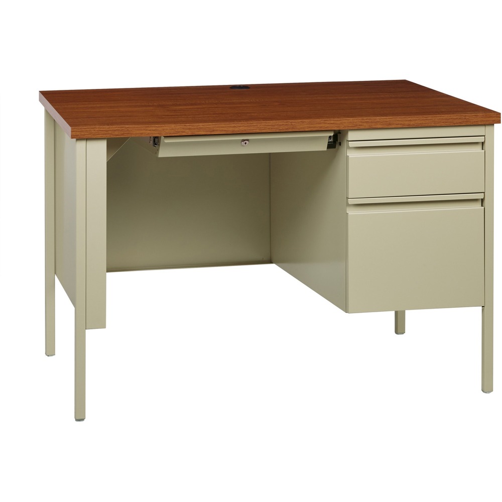 LLR66947 - 45-1/2" wide single-pedestal desk is part of the Lorell Fortress Series, a practical and professional desk solution ideal for business, government and educational offices. Use this right-pedestal desk with a Fortress left return for L-shaped configurations. Both have 3/4-height modesty panels for seamless lines. Durable, high-performance steel construction stands up to rigorous daily use. The 1-1/8" thick top with square edges features an Oak laminate surface that is scratch-resistant, stain-resistant and water-resistant. Design also features a box/file pedestal on the right. Both drawers lock and offer full-extension, ball-bearing slides and full-width, integrated drawer pulls. File drawer accommodates letter-size files. Central-locking center drawer features a core-removable lock. Center grommet allows easy cord management. Reinforced, double-frame inner structure keeps desk solid and sturdy for years of use. Steel desk meets or exceeds ANSI/BIFMA standards.