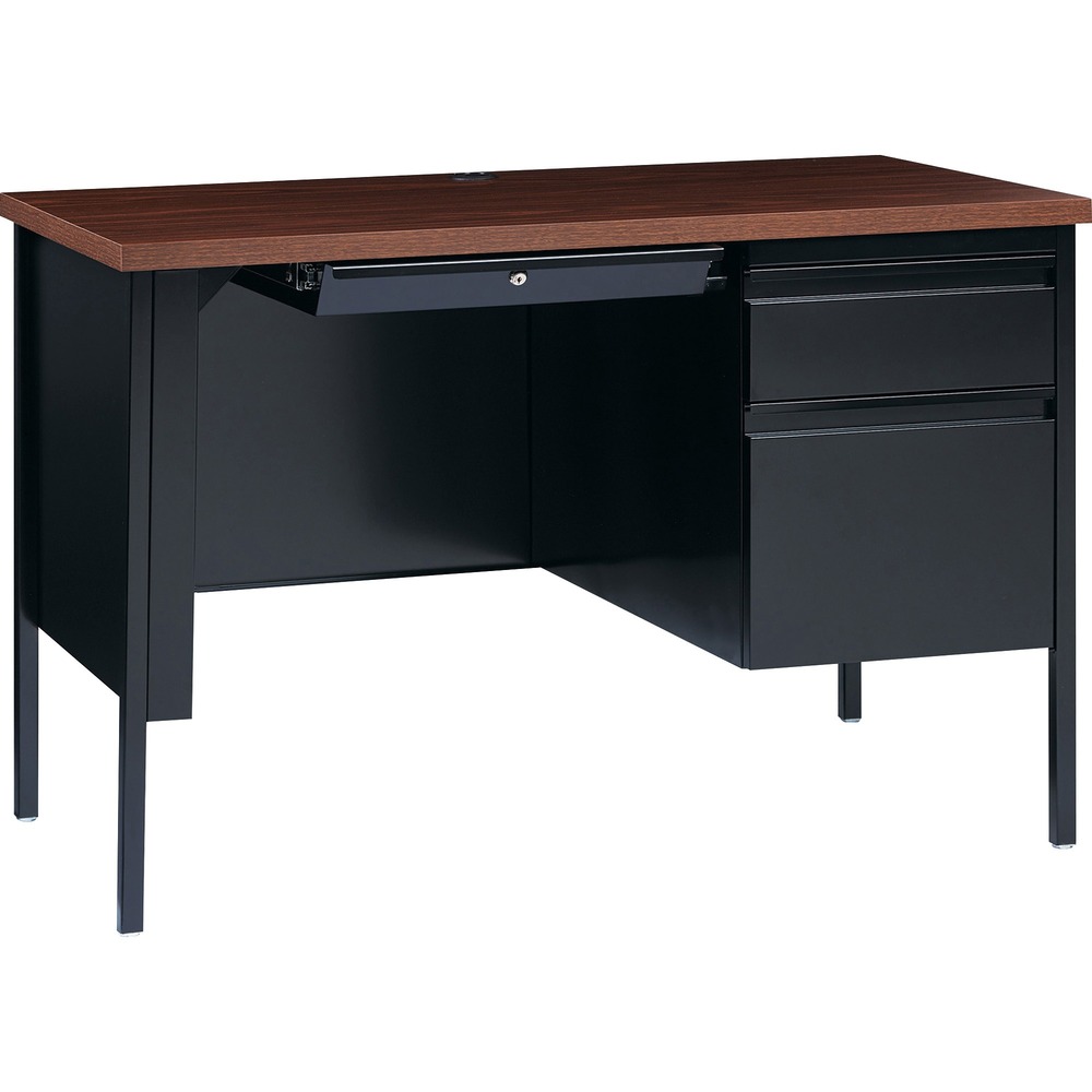 LLR66948 - 45-1/2" wide single-pedestal desk is part of the Lorell Fortress Series, a practical and professional desk solution ideal for business, government and educational offices. Use this right-pedestal desk with a Fortress left return for L-shaped configurations. Both have 3/4-height modesty panels for seamless lines. Durable, high-performance steel construction stands up to rigorous daily use. The 1-1/8" thick top with square edges features a Walnut laminate surface that is scratch-resistant, stain-resistant and water-resistant. Design also features a box/file pedestal on the right. Both drawers lock and offer full-extension, ball-bearing slides and full-width, integrated drawer pulls. File drawer accommodates letter-size files. Central-locking center drawer features a core-removable lock. Center grommet allows easy cord management. Reinforced, double-frame inner structure keeps desk solid and sturdy for years of use. Steel desk in black meets or exceeds ANSI/BIFMA standards.