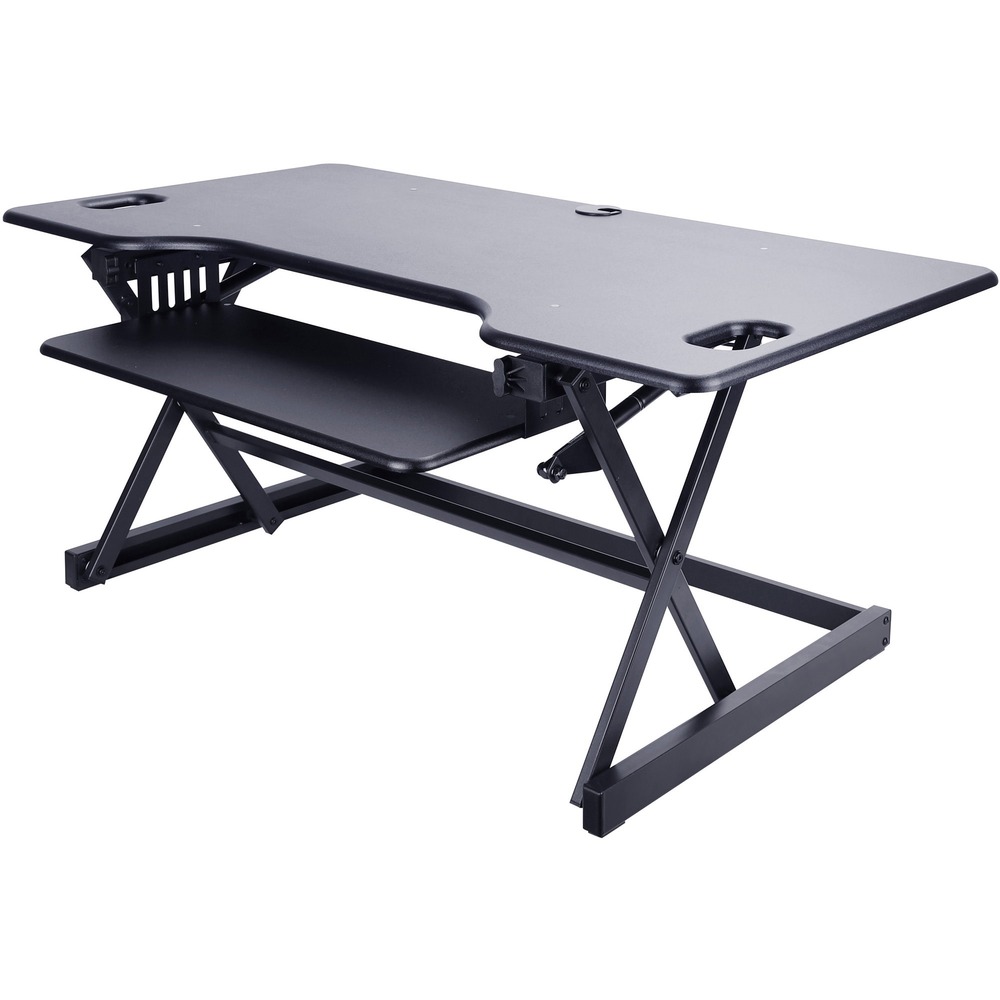 LLR82013 - Large, 46" wide adjustable desk riser easily allows you to go from sitting to standing. Desk riser raises up to 20" and lowers to 5" to optimize the ergonomic work position for people of all heights. Straight up-and-down motion minimizes the required desk depth to 23". The 25-3/4" x 11-1/4" retractable keyboard tray slides in and out, rising with the unit. Desk riser includes grommet hole for mounting monitor arm or running cables. Unit holds up to three monitors, a laptop and more with a 45 lb. capacity. Desk riser works with optional Lorell Deluxe Floor Stand (sold separately) to create a complete sit-to-stand desk or an extension to your current desk.