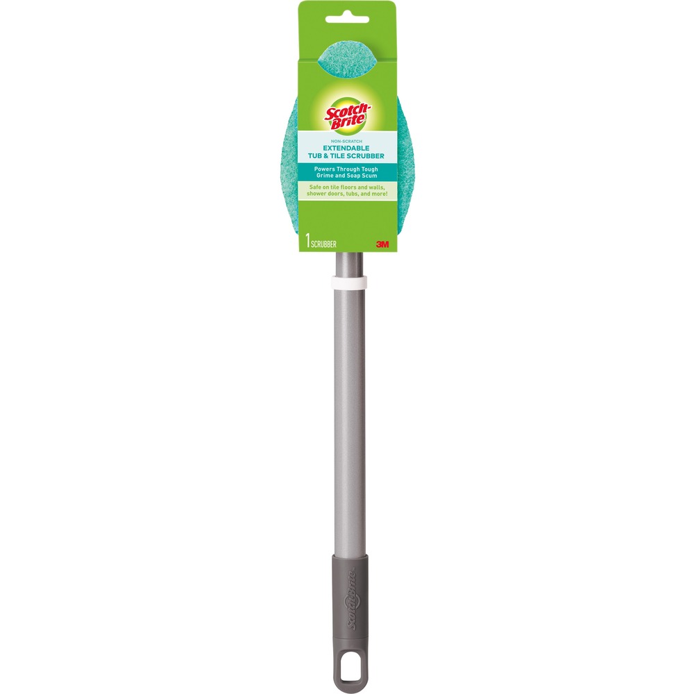MMM549X4 - Scotch-Brite Bath Scrubber gently removes soap scum and water spots quickly and easily for nonscratch bathroom cleaning. It removes soap scum without scratching. This highly effective cleaning tool has a thick, long-lasting scrubber that won't scratch delicate bathroom surfaces. It extends up to 2'. The heavy-duty, comfortable handle protects your hands and provides good cleaning leverage so cleaning is easy and mess-free. Scrubber is ideal for swimming pools, fiberglass, marine topside and brightwork, ceramic tile, wood floors and trim, vinyl and upholstery. It also cleans ceramic tile, glass shower doors, fiberglass and chrome surfaces.