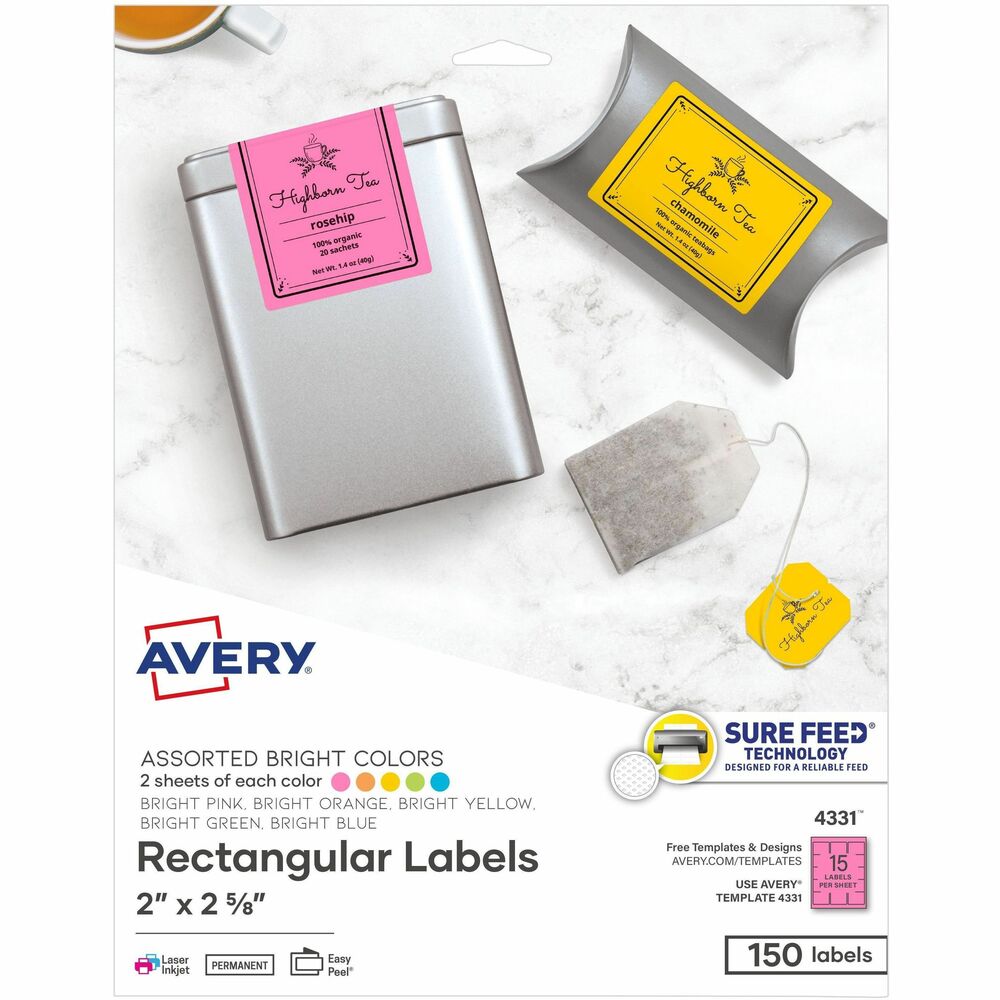 AVE4331 - The bright, vivid colors of this paper offer a vibrant pop to labels for arts and crafts, party decorations, branding and pricing. Bend the unique Easy Peel label sheet to expose the label edge for fast peeling. Easy Peel labels let you bend the sheet back, peel the label and lay the sheet back flat to save the remaining labels. Easily customize with free online templates and designs from Avery Design & Print. Permanent adhesive is guaranteed to stick and stay. Letter-size sheets are compatible with both laser and inkjet printers. For best printer results, make sure to feed just one sheet at a time. These 2" x 2-5/8" labels are not water-resistant, and colors will bleed when wet. Colors include pink, orange, yellow, green and blue. Each sheet includes 15 rectangle labels. More from the Manufacturer