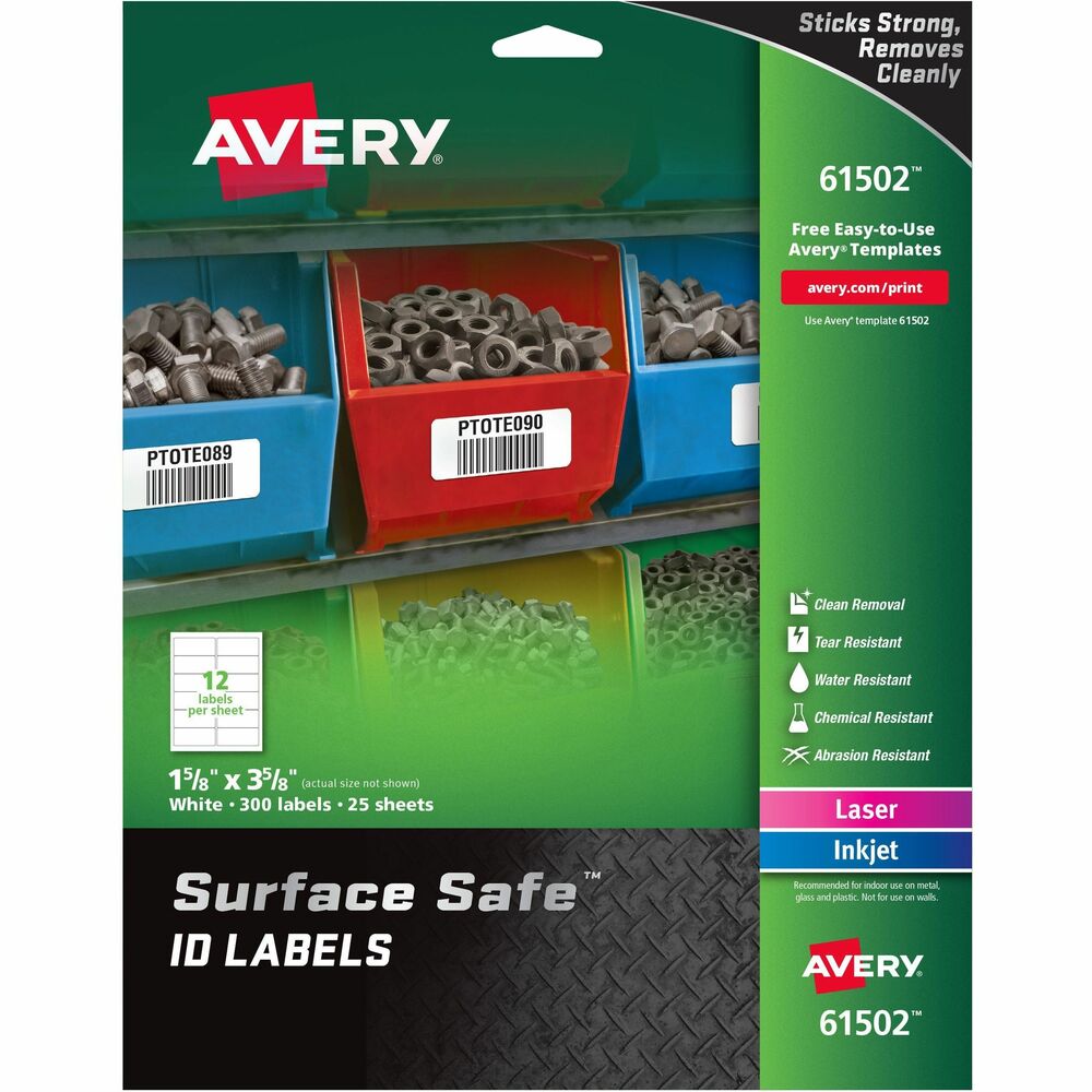 AVE61502 - Rectangular labels feature a special adhesive that's engineered to stick strong and remove cleanly from smooth hard surfaces including metal, plastic and glass. Durable, professional-grade material resists water, chemicals and abrasion, and provides superior bar-code scanning. They are great for use in warehouses, offices, factories, hospitality and more. The removable adhesive sticks securely but removes cleanly for easy, on-demand changes. Labels are simple to customize with text, graphics or bar codes using the free online software from Avery Design & Print. They are recommended for indoor use. Labels are not recommended for use on walls. Sheets are compatible with both laser and inkjet printers. Each sheet includes 12 labels. More from the Manufacturer