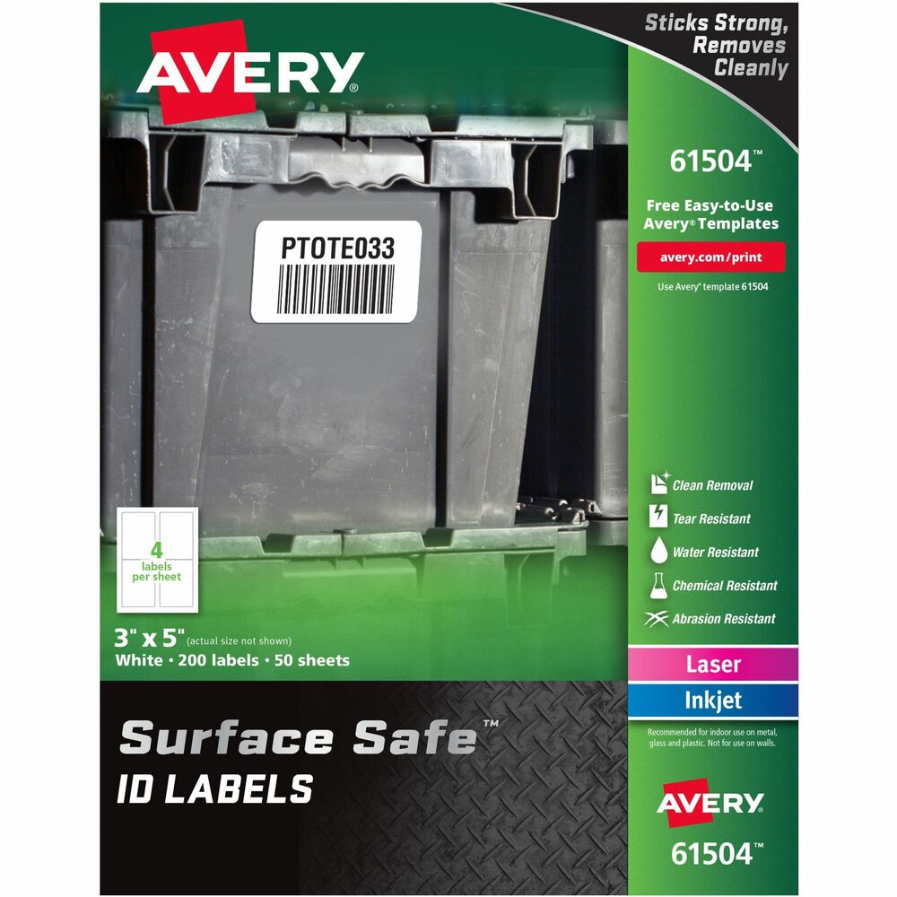 AVE61504 - Rectangular labels feature a special adhesive that's engineered to stick strong and remove cleanly from smooth hard surfaces including metal, plastic and glass. Durable, professional-grade material resists water, chemicals and abrasion, and provides superior bar-code scanning. They are great for use in warehouses, offices, factories, hospitality and more. The removable adhesive sticks securely but removes cleanly for easy, on-demand changes. Labels are simple to customize with text, graphics or bar codes using the free online software from Avery Design & Print. They are recommended for indoor use. Labels are not recommended for use on walls. Sheets are compatible with both laser and inkjet printers. Each sheet includes four labels. More from the Manufacturer