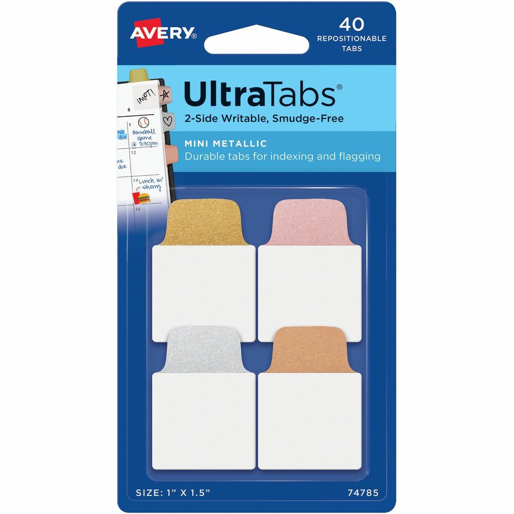 AVE74785 - Mini Ultra Tabs are great for organizing, referencing and indexing notebooks, files, books, planners and more. They are ultra-repositionable. They stick securely but remove easily and cleanly with no residue. Smudge-resistant body are writable with pens, markers, pencils and highlighters. Hand-writable body is clear so you can see the text underneath. Assorted tab colors are gold, rose gold, silver and copper. Ink dry times may vary. Tab may lift some inks. Test before applying.