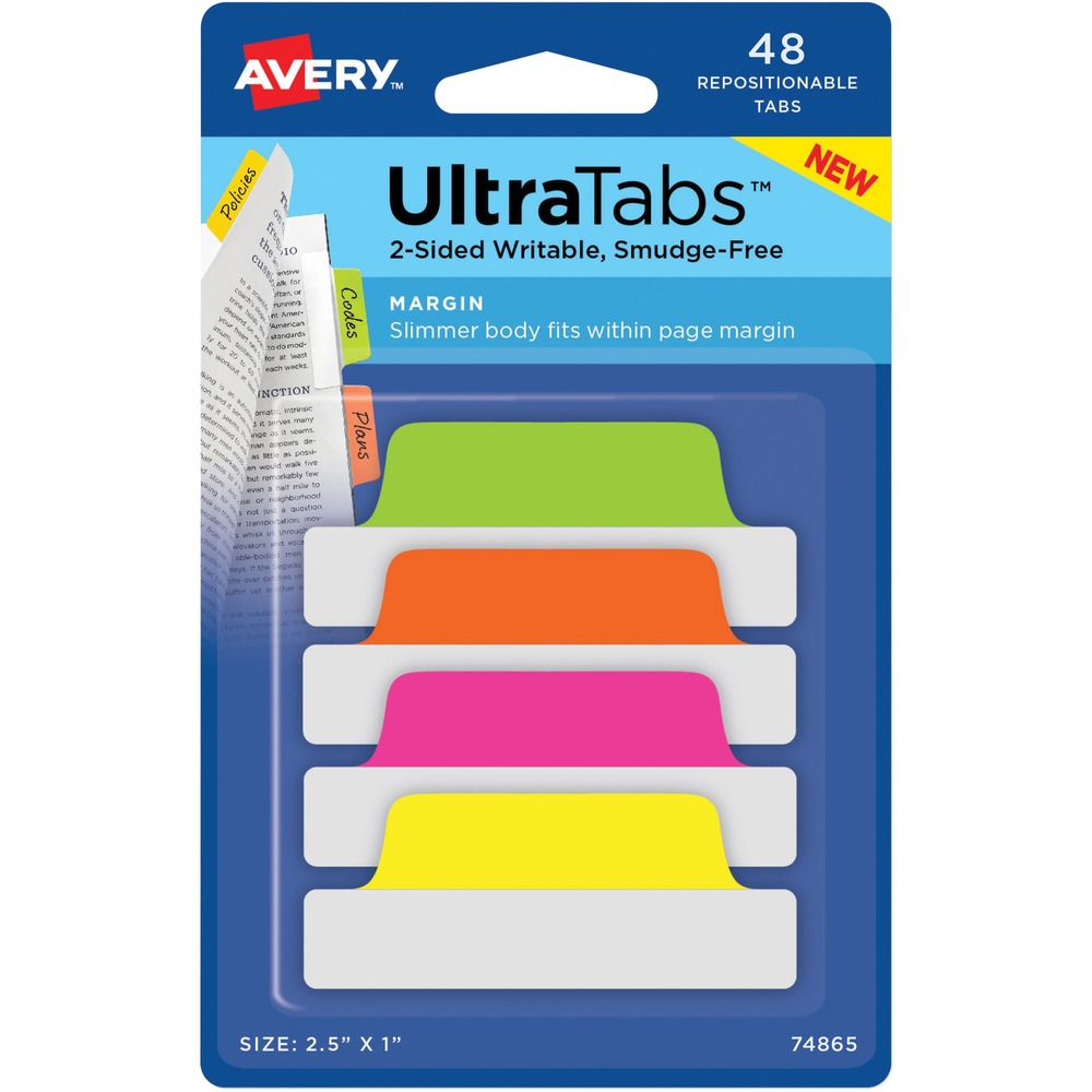 AVE74865 - Margin Ultra Tabs are great for organizing, referencing and indexing notebooks, files, books, planners and more. Slim body fits within the page margin. Tabs are ultra-repositionable. They stick securely but remove easily and cleanly with no residue. Smudge-resistant body is writable with pens, markers, pencils and highlighters. Hand-writable body is clear so you can see the text underneath. Ink dry times may vary. Tab may lift some inks. Test before applying.