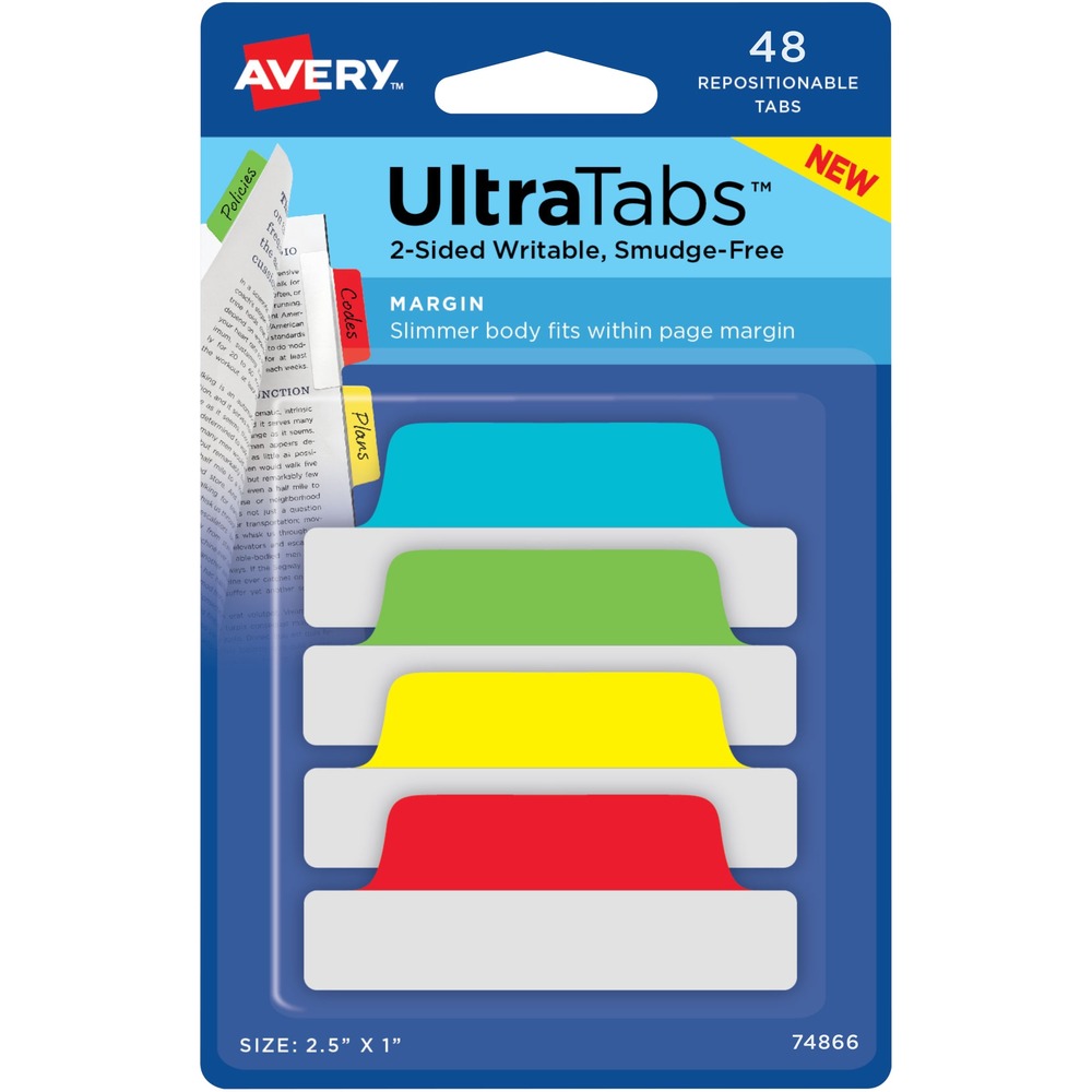 AVE74866 - Margin Ultra Tabs are great for organizing, referencing and indexing notebooks, files, books, planners and more. Slim body fits within the page margin. Tabs are ultra-repositionable. They stick securely but remove easily and cleanly with no residue. Smudge-resistant body is writable with pens, markers, pencils and highlighters. Hand-writable body is clear so you can see the text underneath. Ink dry times may vary. Tab may lift some inks. Test before applying. More from the Manufacturer