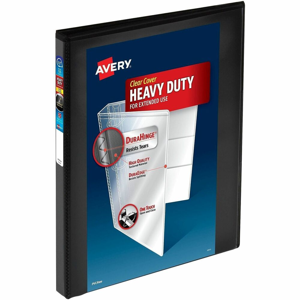 AVE79766 - For a strong, long-lasting binder that can hang tough with even the most demanding activities, go with this Avery 79766 Heavy Duty 3 Ring Binder. This 0.5-inch black binder features a sturdy exterior with a tear-resistant spine (DuraHinge) and more flexible, split-resistant edges (DuraEdge). Plus, the deep-weave polypropylene cover makes it resistant to tears, bubbling, and surface wrinkles. A wider front and back binder panel also ensures that standard dividers and sheet protectors are fully covered. Inside, back-mounted rings ensure pages lay flat and turn easily, while the one-touch design makes opening and closing the rings a breeze. The 3 ringed binder features a 0.7-inch spine and 0.5-inch slant rings that hold up to 135 sheets of 8.5" x 11" paper, dividers, or sheet protectors. Perfect for use as a report binder, recipe binder, school binder, presentation binder, photo album, and more. For those who collect trading cards, pair this card binder with Avery's Trading Card Storage Sheets for effortless organization. No matter what you use it for, you can easily personalize your own custom binder using Avery Design & Print Online and the available cover binder templates, fonts, and designs. More from the Manufacturer