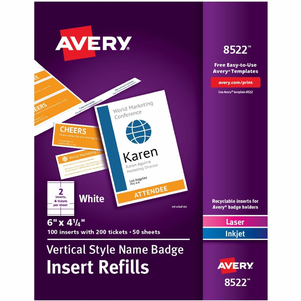 AVE8522 - Make a big impression with these vertical, custom name badges and ticket inserts. The 6" x 4.25" vertical layout offers more room for big graphics or extra information such as agendas, schedules, site maps and more. Each ID badge insert includes two detachable tickets perfect for complimentary drink tickets, parking tickets or even raffle tickets. Importing names, job titles and company logos is fast and easy with the free, online design software. Avery Design and Print includes hundreds of free designs and templates to help you easily create professional-quality, personalized name tags in no time. Microperforated, blank name badge inserts and tickets are printable on both sides and optimized for laser and inkjet printers to result in crisp, smudge-free printing. Use with clear plastic badge holders (not included) to keep name ID badges accessible and within view. Name badges are perfect for multi-day events like conventions, meetings, trade shows, festivals and more. More from the Manufacturer